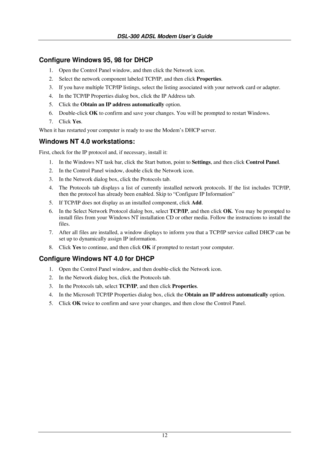 D-Link DSL-300G+ manual Configure Windows 95, 98 for Dhcp, Windows NT 4.0 workstations, Configure Windows NT 4.0 for Dhcp 