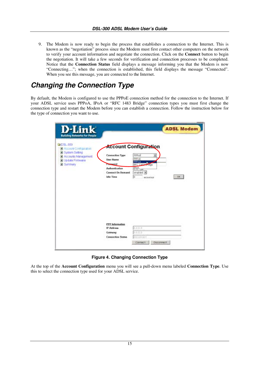 D-Link DSL-300G+ manual Changing the Connection Type, Changing Connection Type 