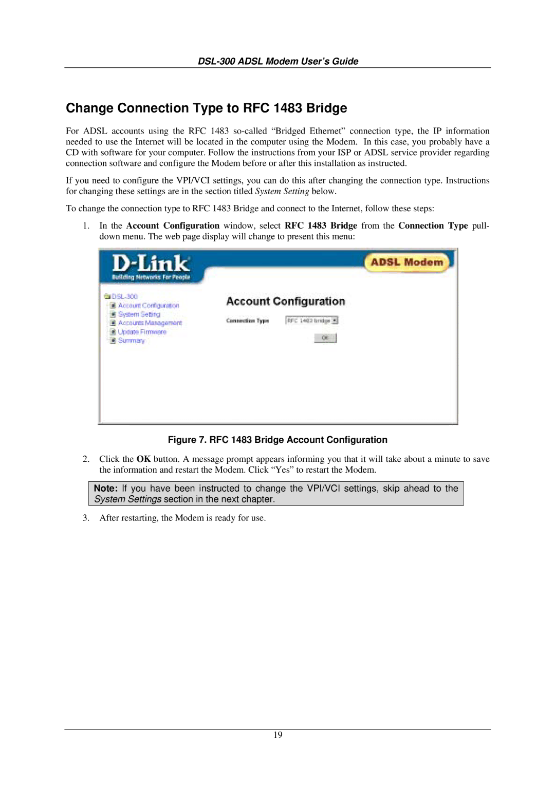 D-Link DSL-300G+ manual Change Connection Type to RFC 1483 Bridge, RFC 1483 Bridge Account Configuration 