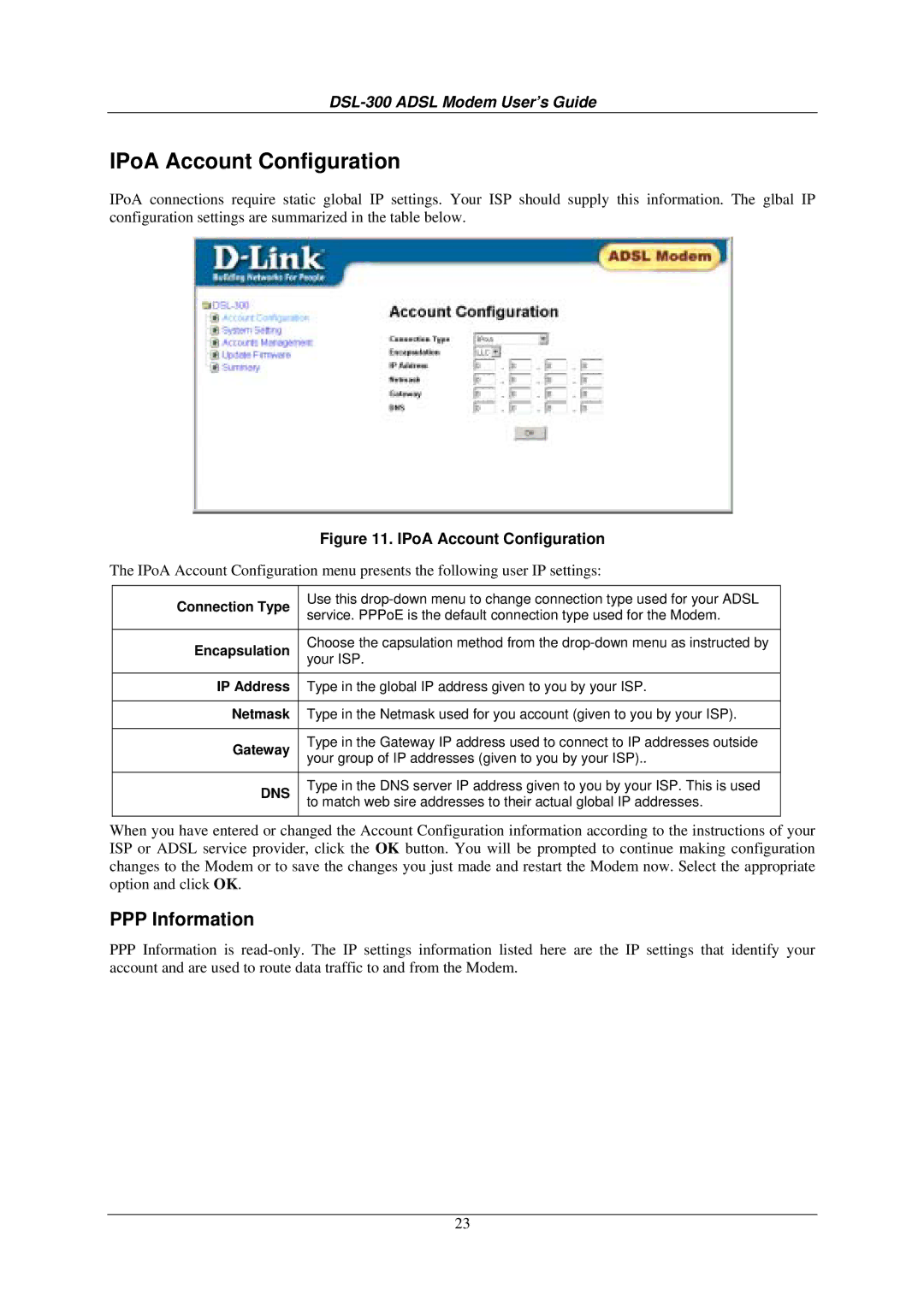 D-Link DSL-300G+ manual IPoA Account Configuration, Gateway 