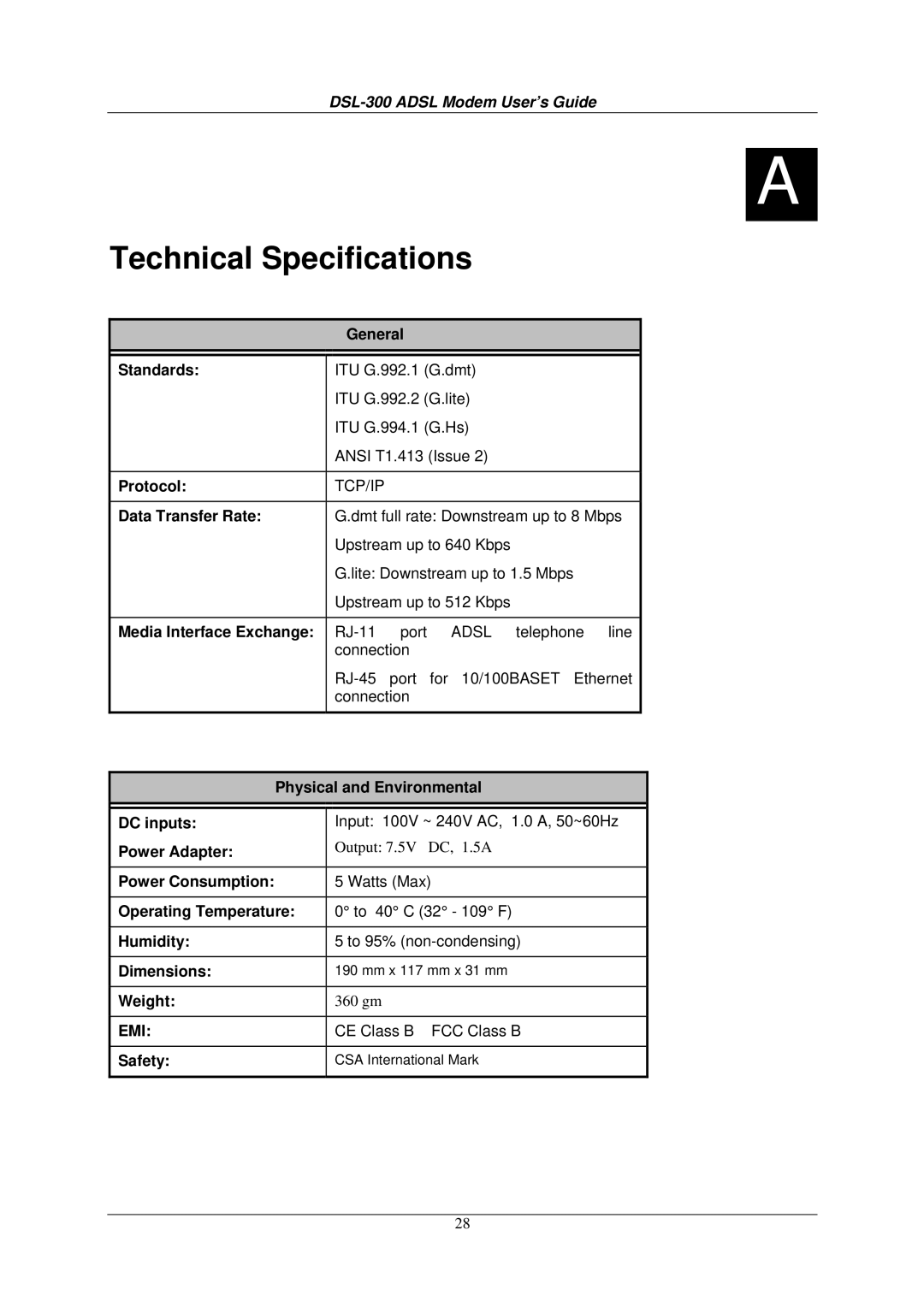 D-Link DSL-300G+ manual Technical Specifications, Data Transfer Rate 