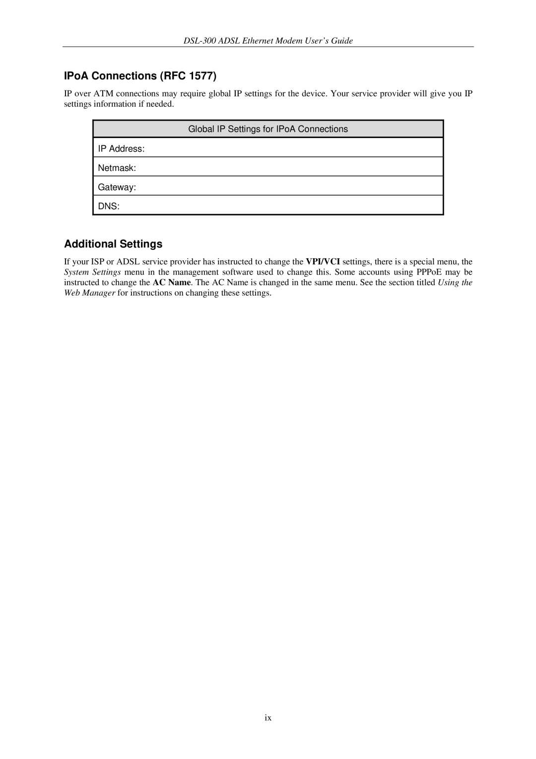 D-Link DSL-300G+ manual IPoA Connections RFC, Additional Settings 