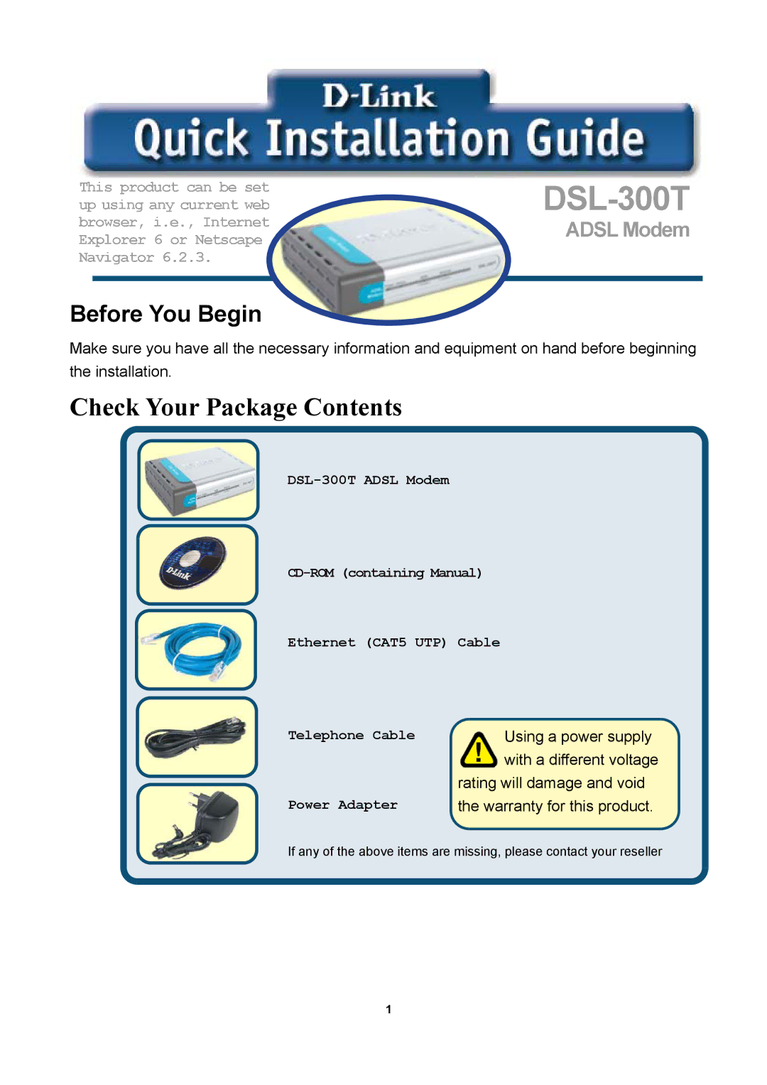 D-Link DSL-300T manual Check Your Package Contents 