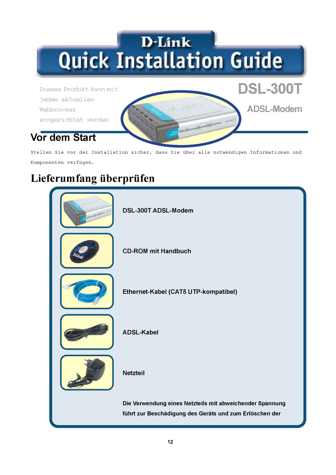 D-Link DSL-300T manual Lieferumfang überprüfen, Vor dem Start 