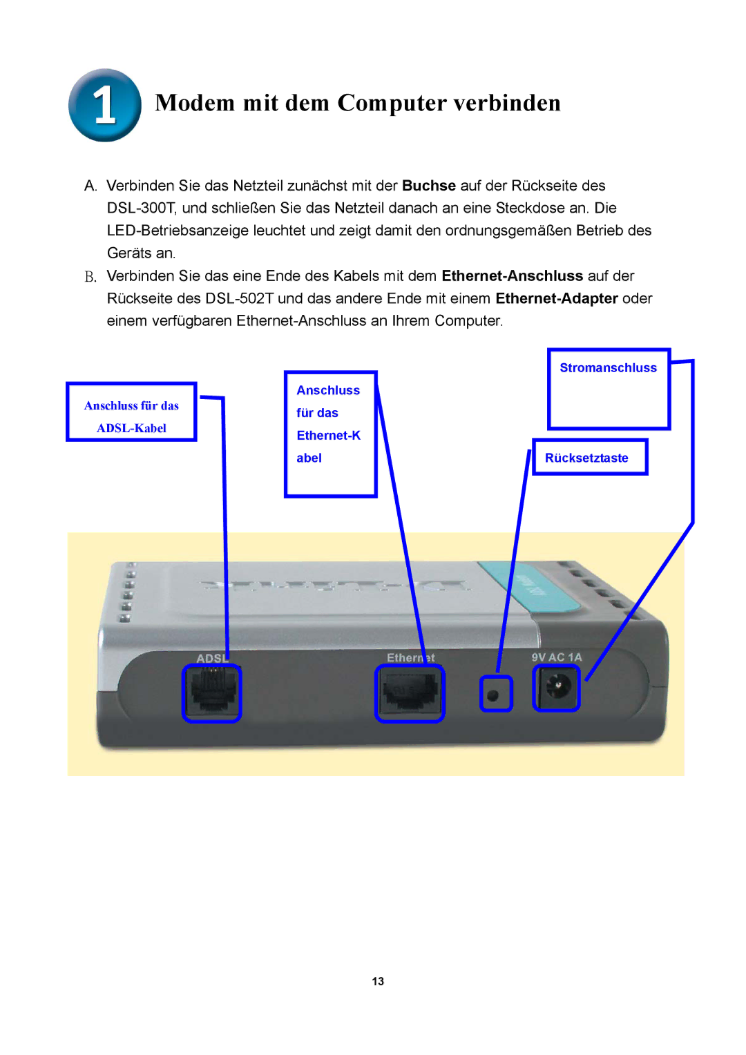 D-Link DSL-300T manual Modem mit dem Computer verbinden 