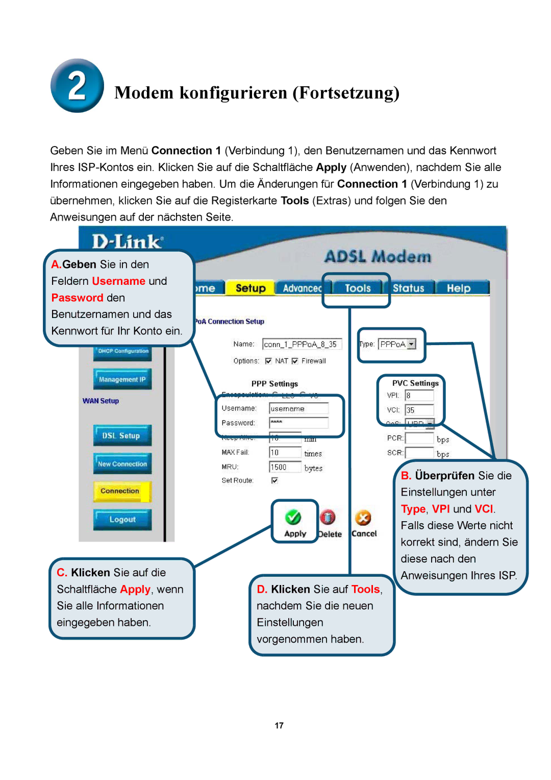 D-Link DSL-300T manual Password den, Überprüfen Sie die 