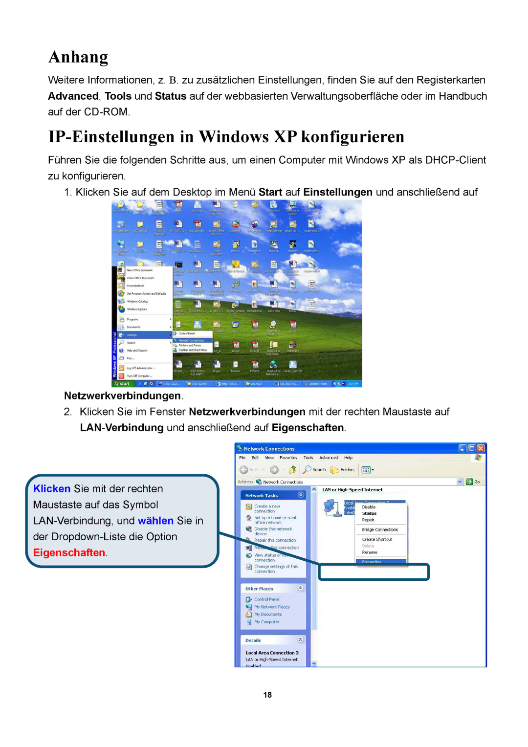 D-Link DSL-300T manual Anhang, IP-Einstellungen in Windows XP konfigurieren 