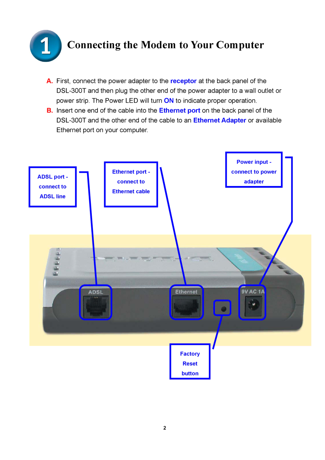 D-Link DSL-300T manual Connecting the Modem to Your Computer 