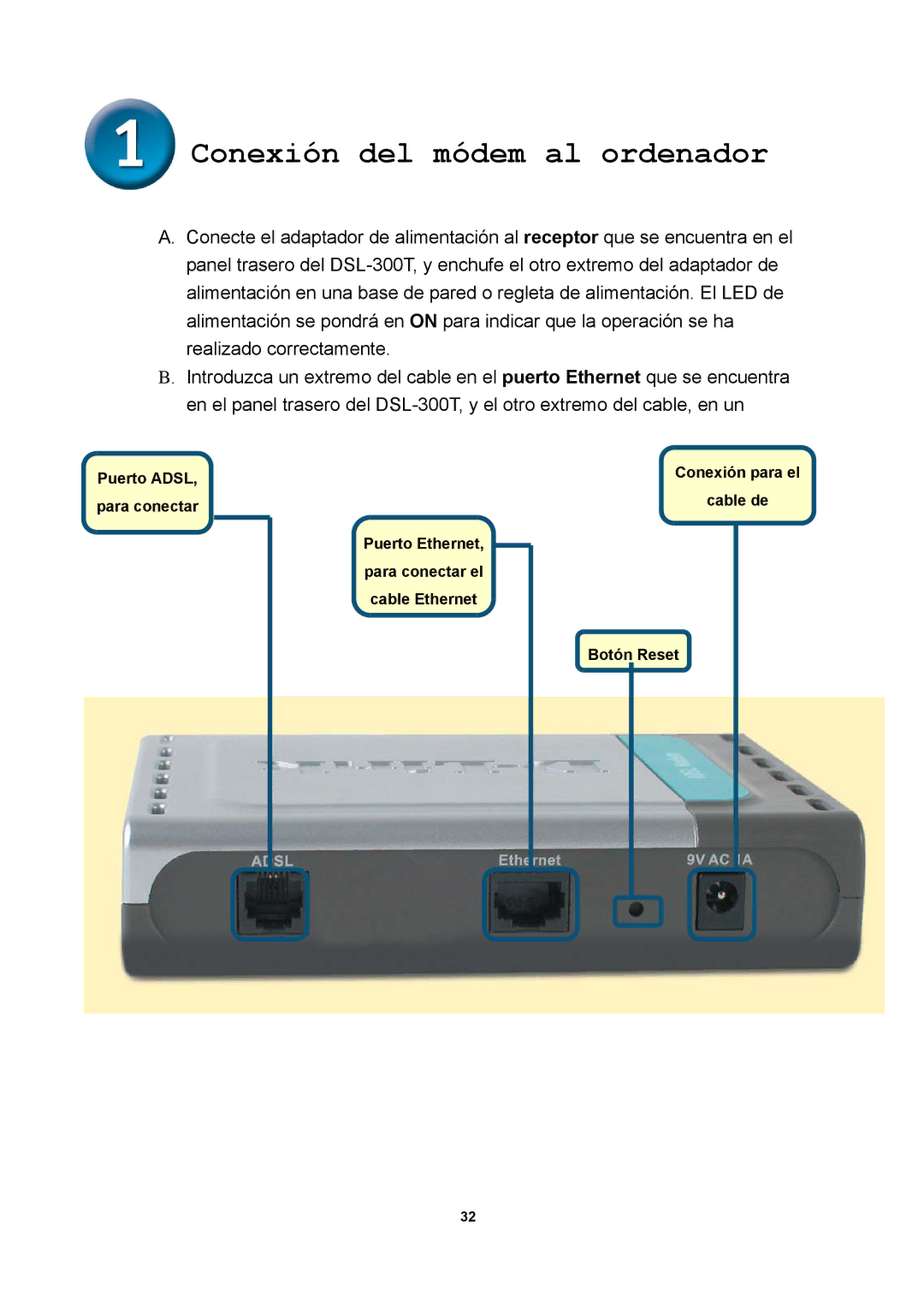 D-Link DSL-300T manual Conexión del módem al ordenador 