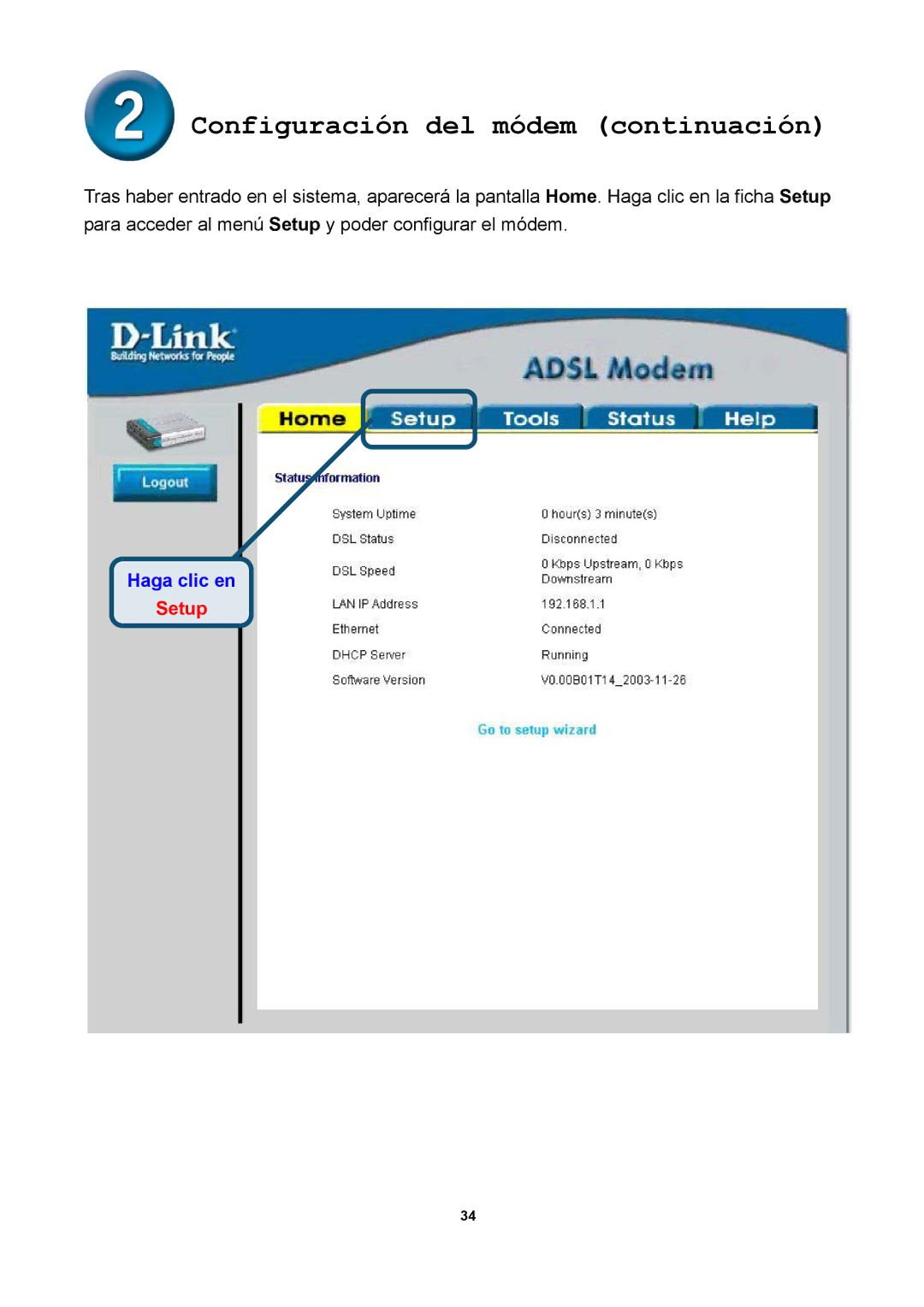 D-Link DSL-300T manual Configuración del módem continuación, Setup 