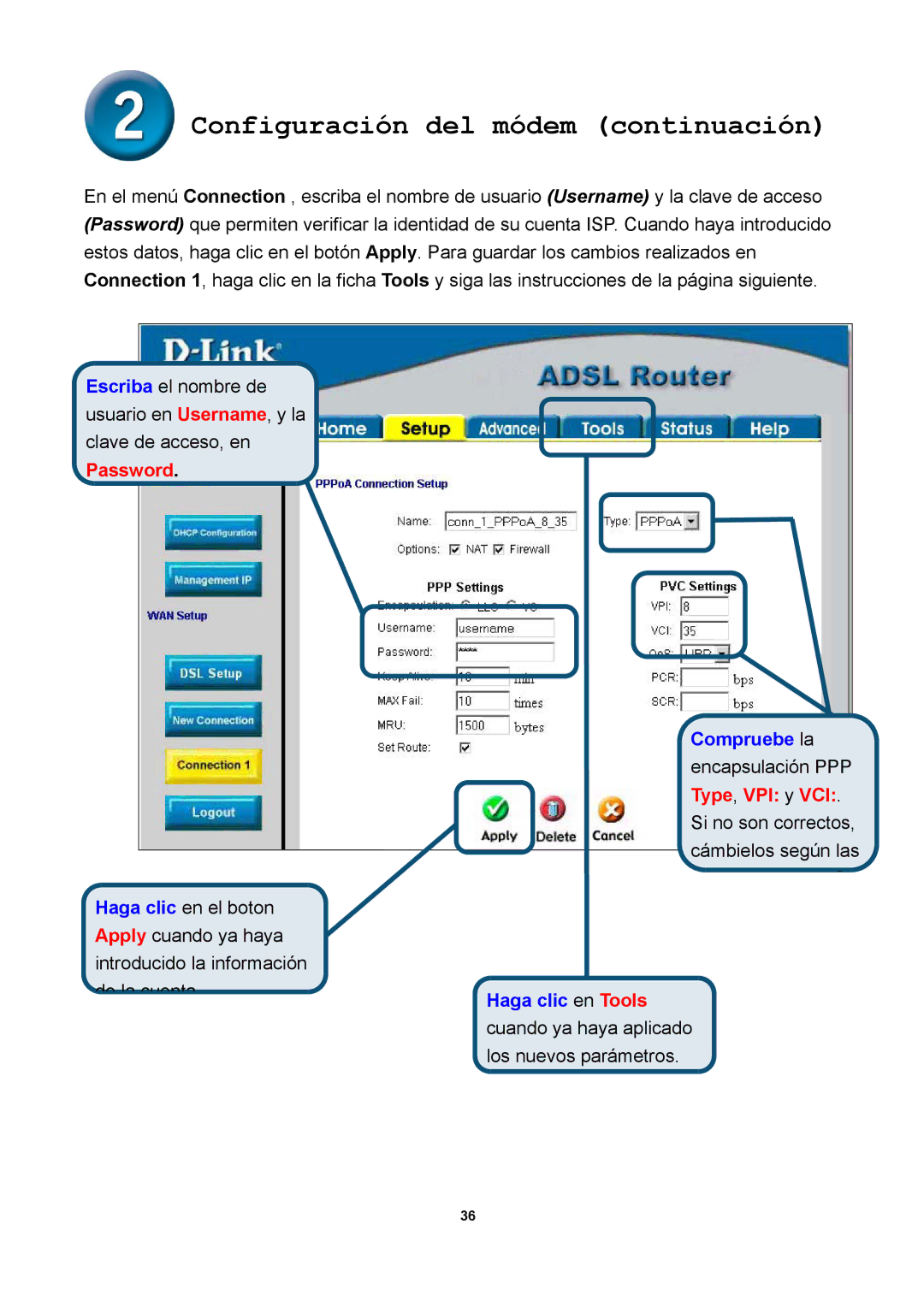 D-Link DSL-300T manual Password, Haga clic en Tools 