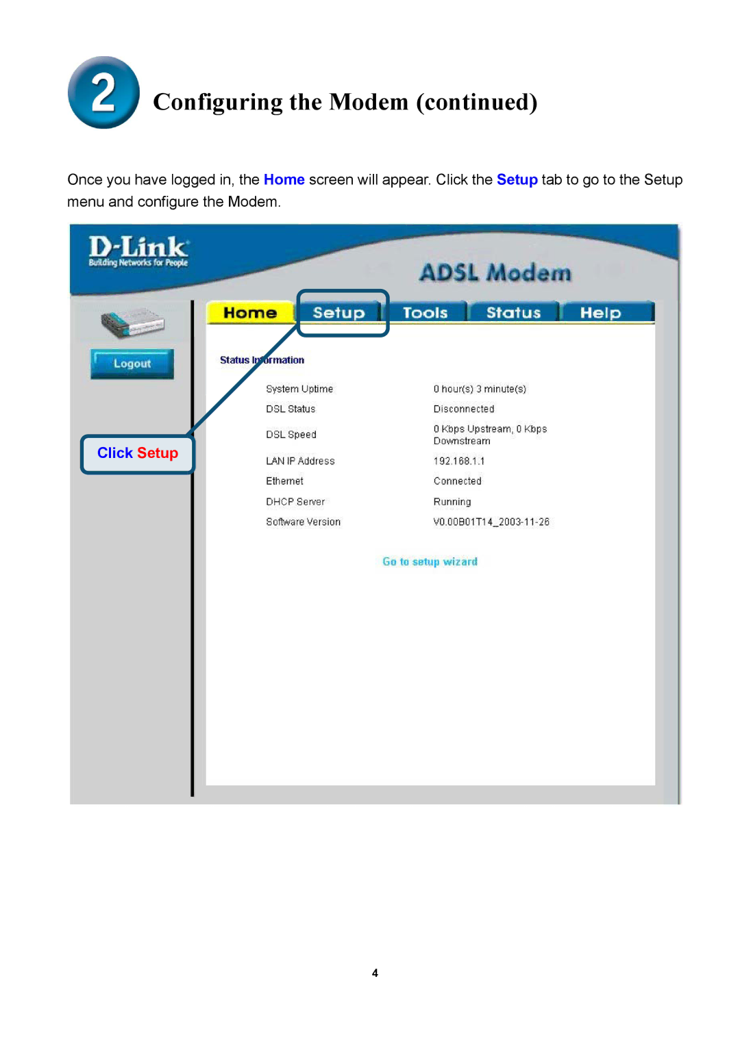 D-Link DSL-300T manual Click Setup 