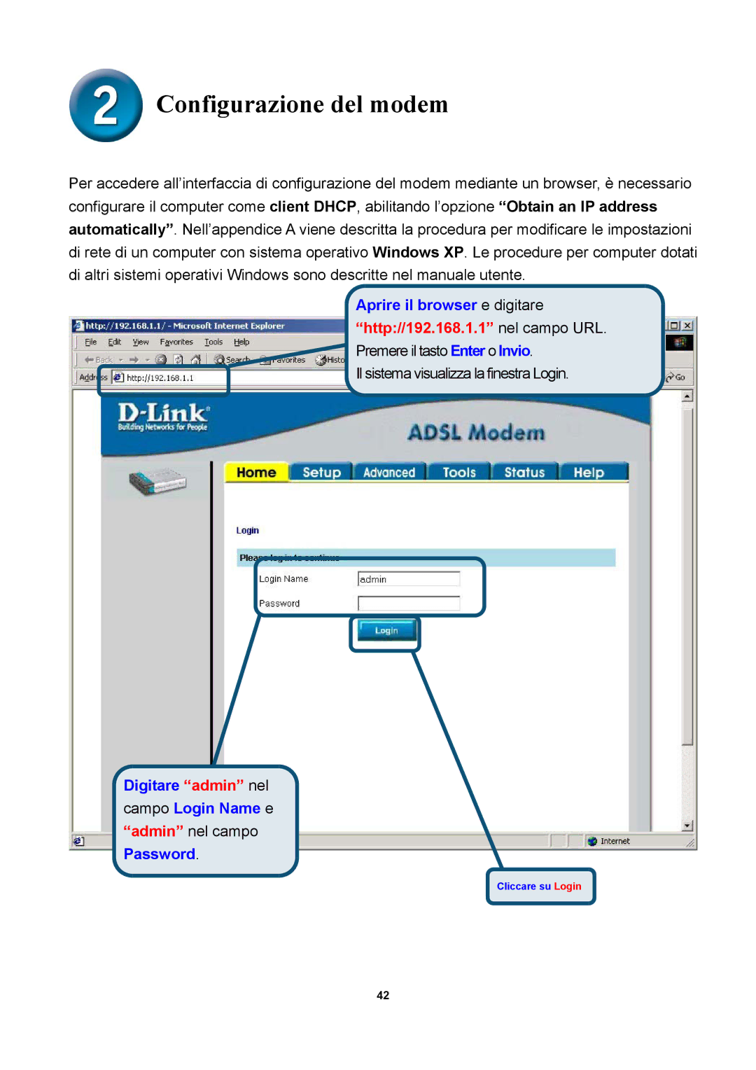 D-Link DSL-300T manual Configurazione del modem, Digitare admin nel campo Login Name e, Password 