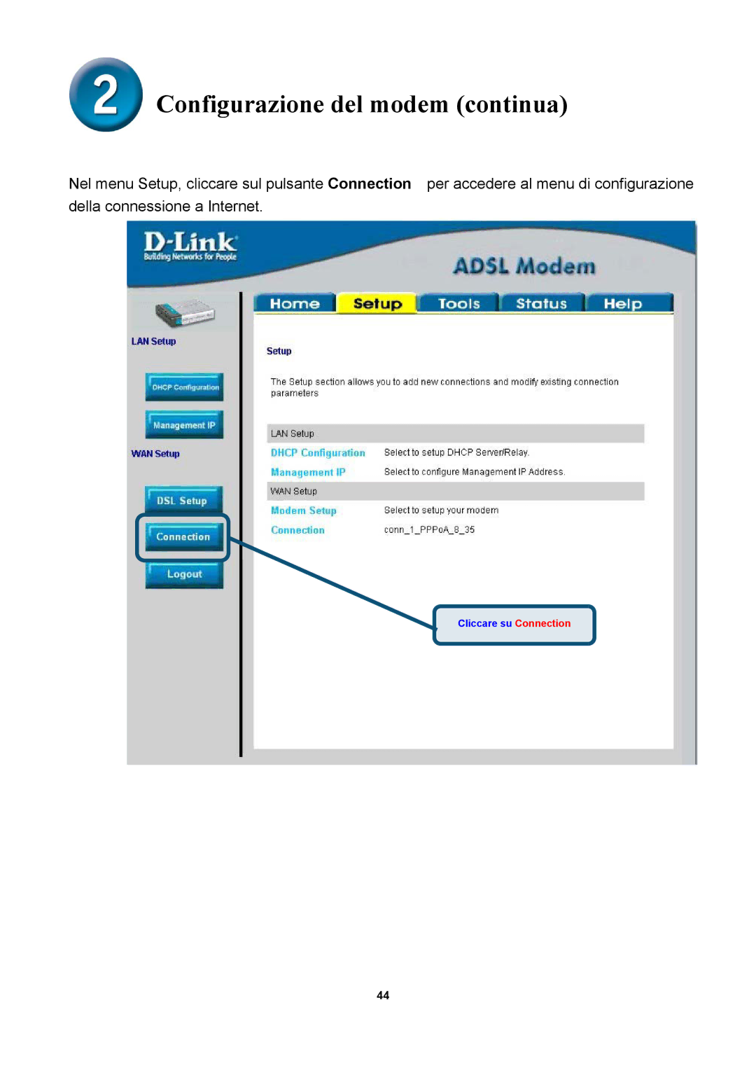 D-Link DSL-300T manual Cliccare su Connection 