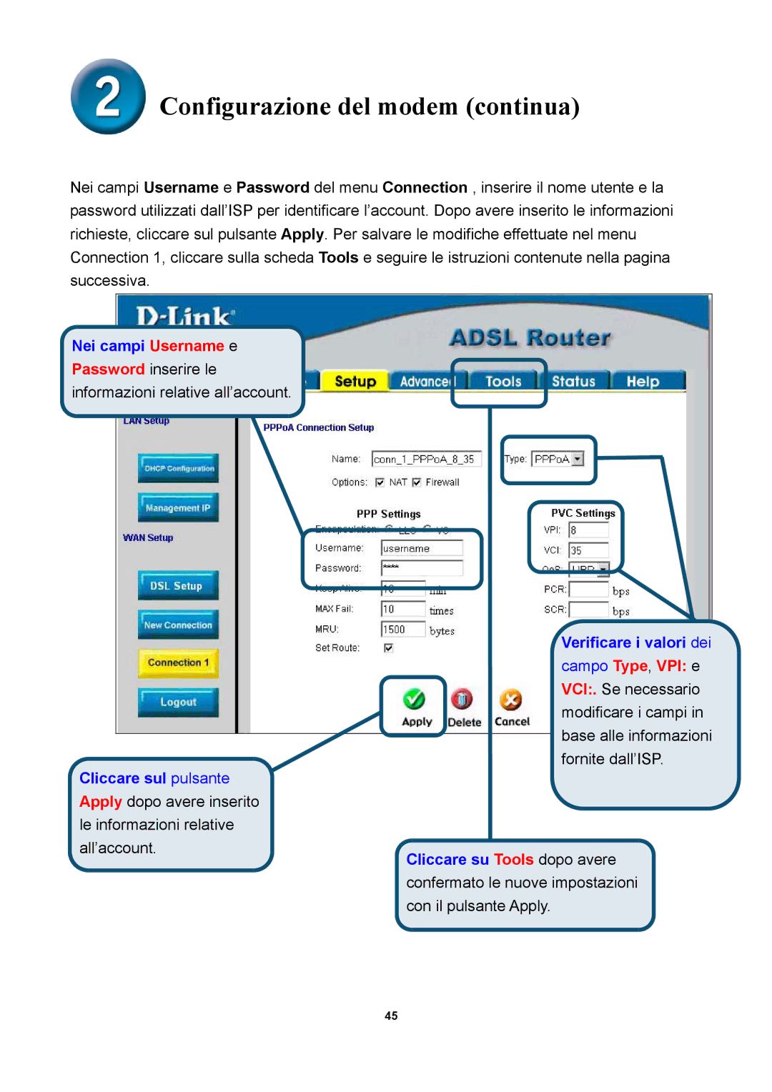 D-Link DSL-300T manual Nei campi Username e, Verificare i valori dei 