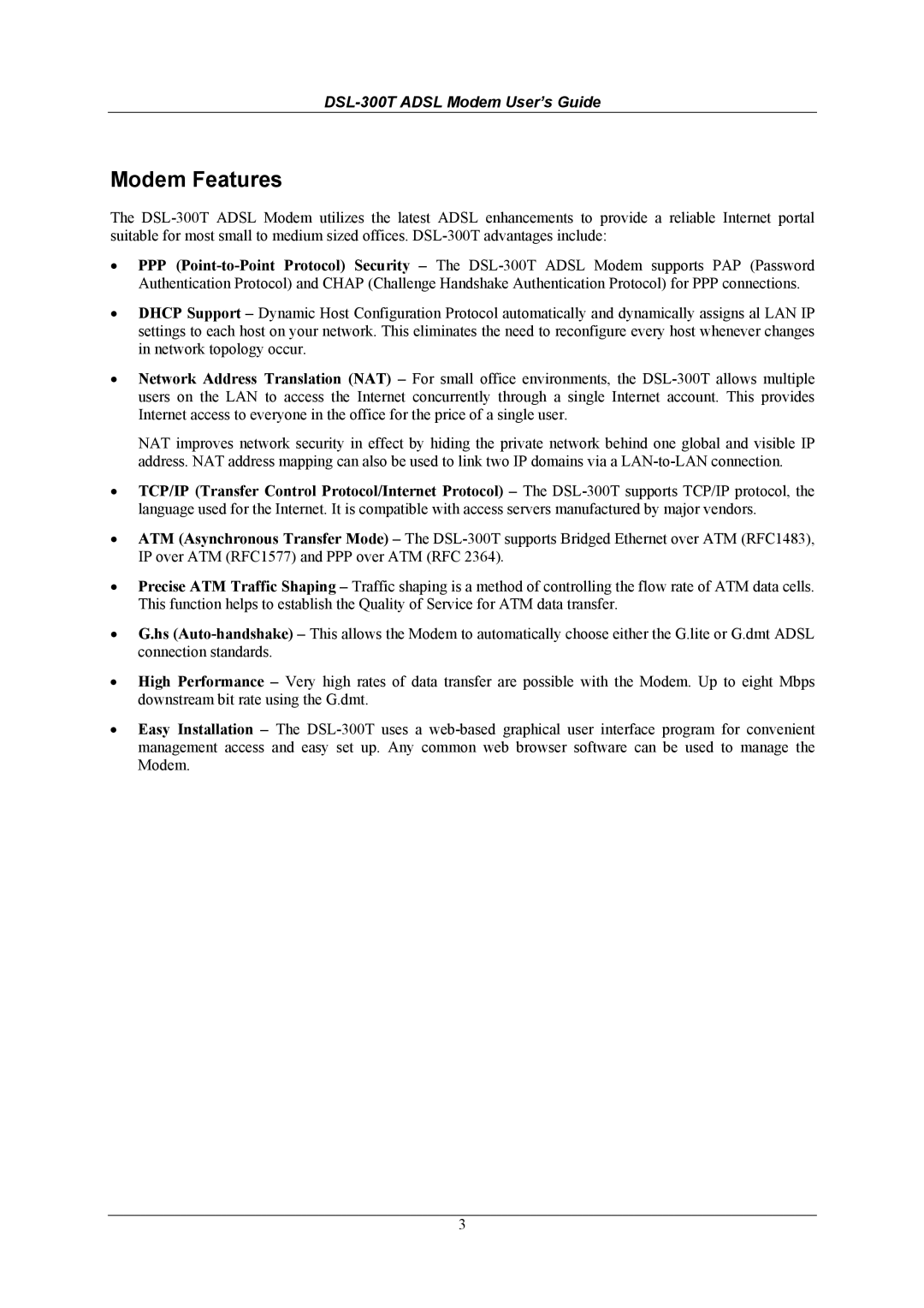 D-Link DSL-300T user manual Modem Features 