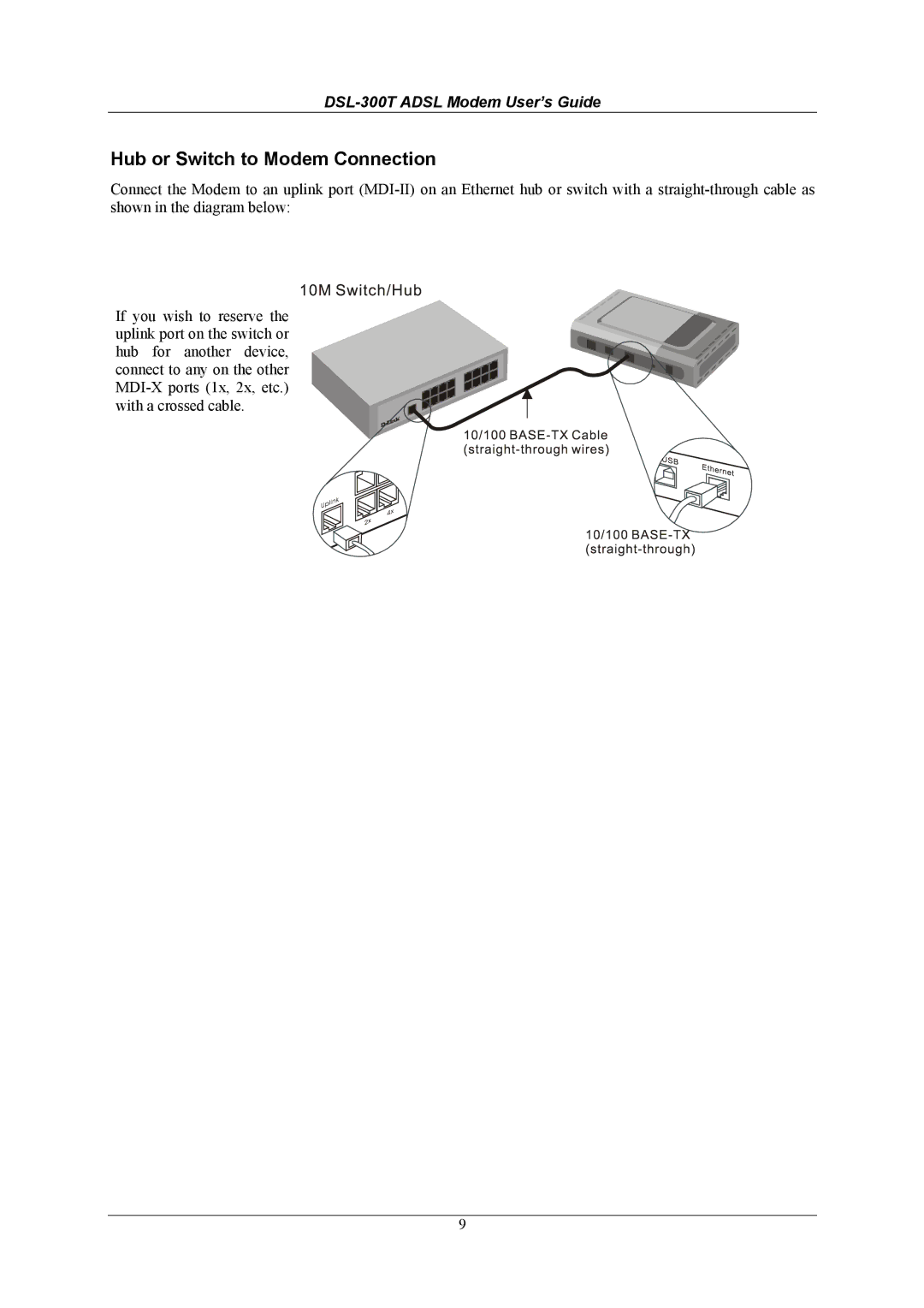 D-Link DSL-300T user manual Hub or Switch to Modem Connection 