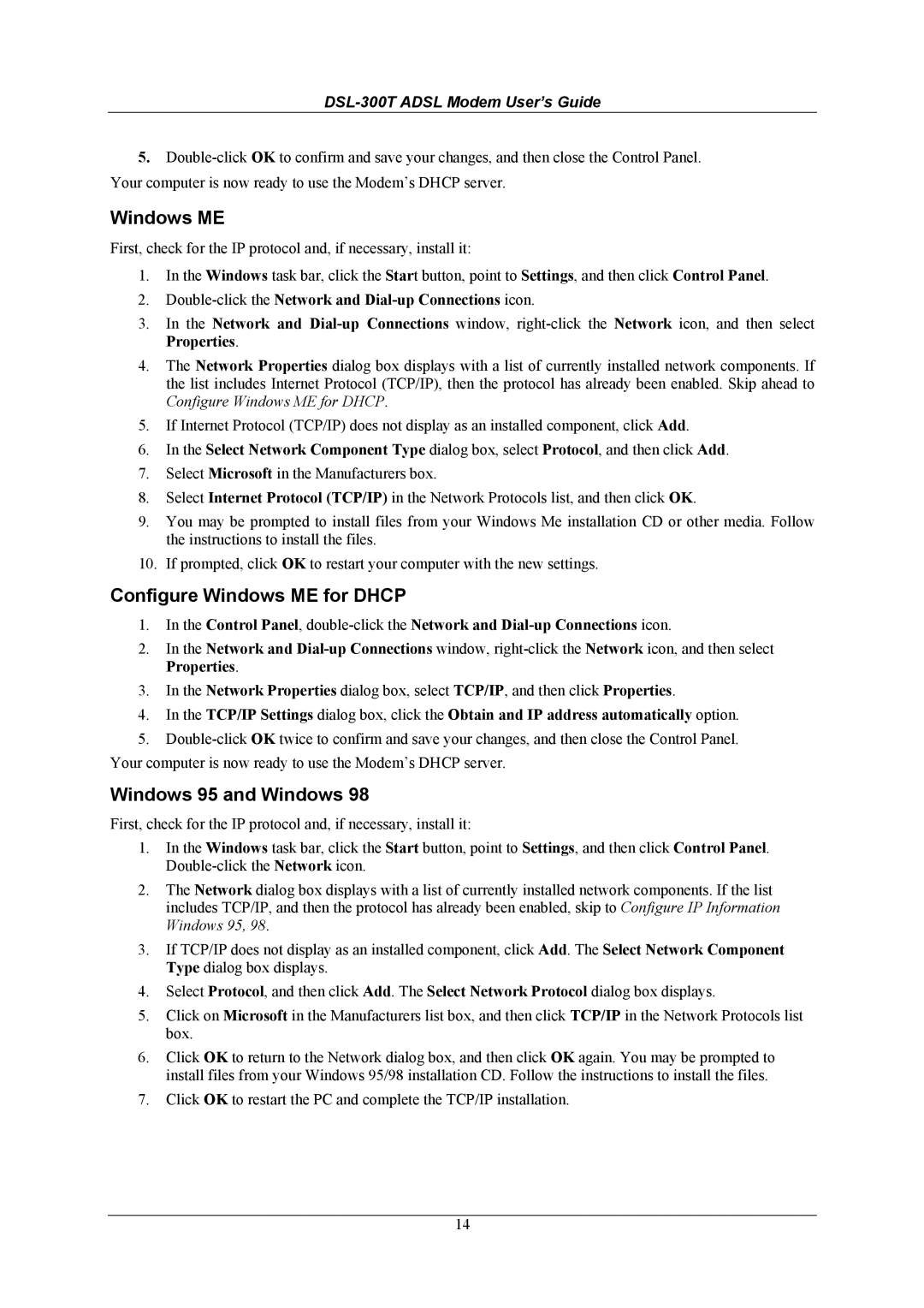 D-Link DSL-300T user manual Configure Windows ME for Dhcp, Windows 95 and Windows 