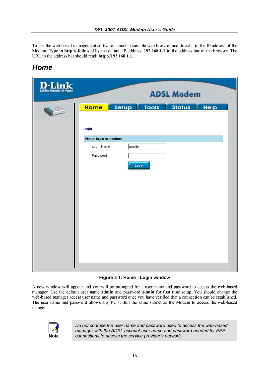 D-Link DSL-300T user manual Home 