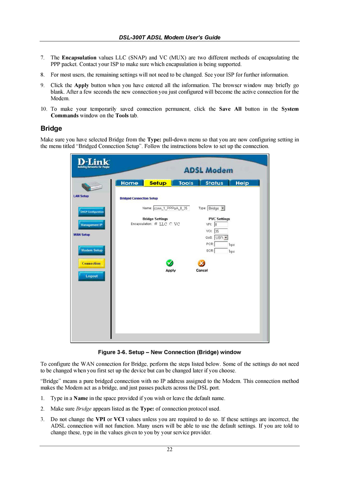 D-Link DSL-300T user manual Setup New Connection Bridge window 