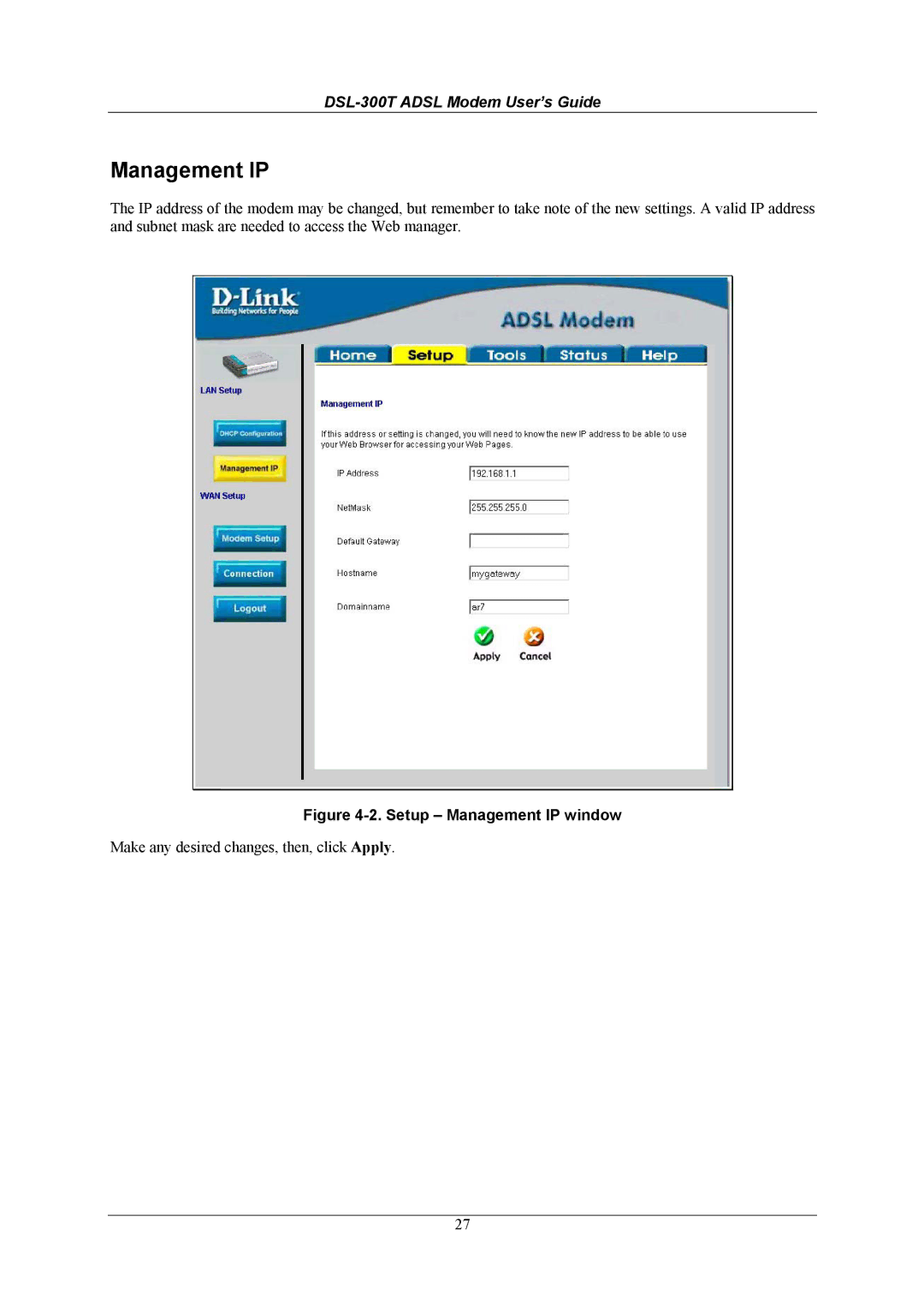 D-Link DSL-300T user manual Setup Management IP window 