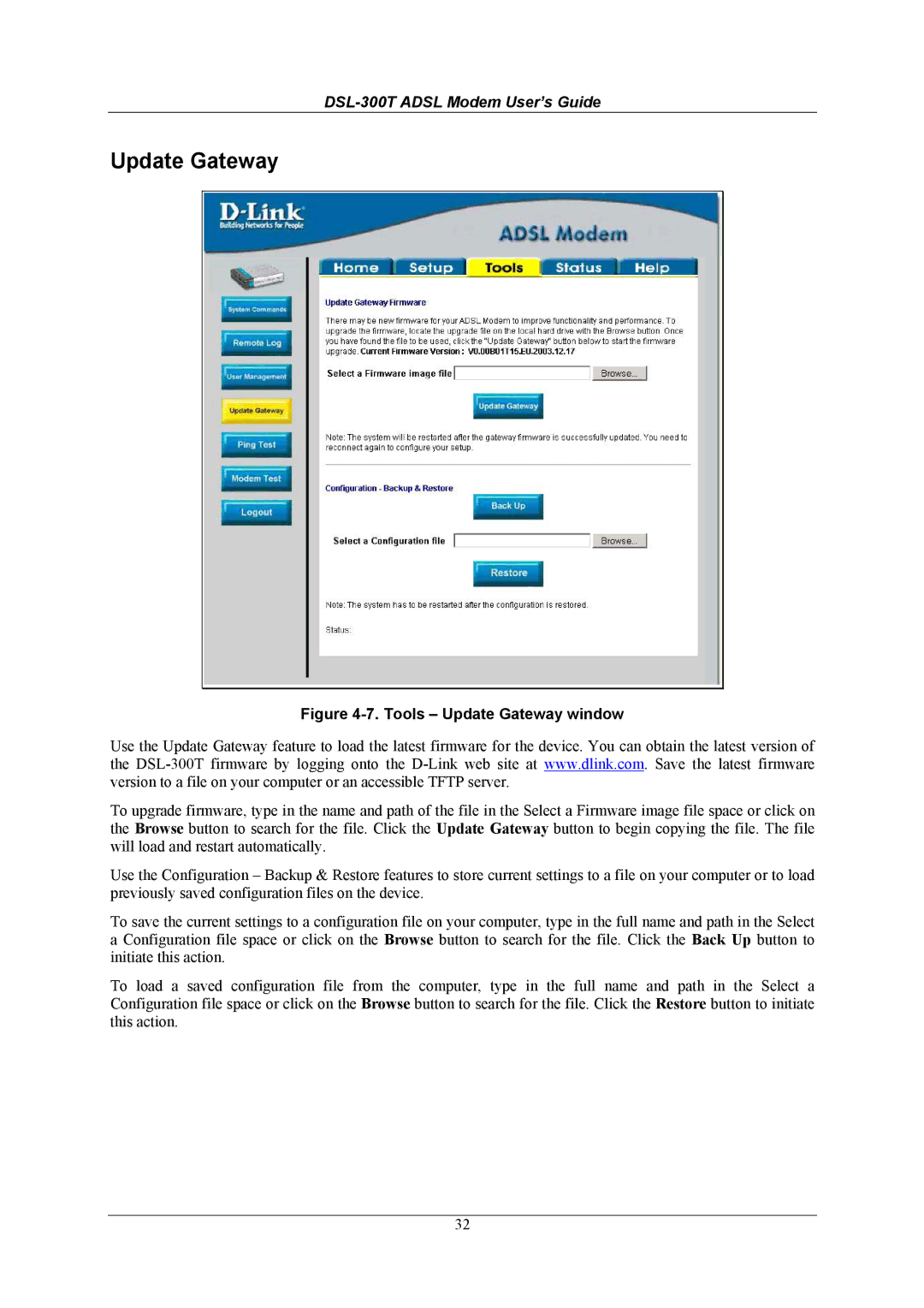 D-Link DSL-300T user manual Tools Update Gateway window 