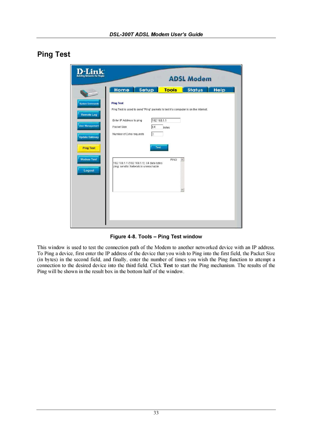 D-Link DSL-300T user manual Tools Ping Test window 