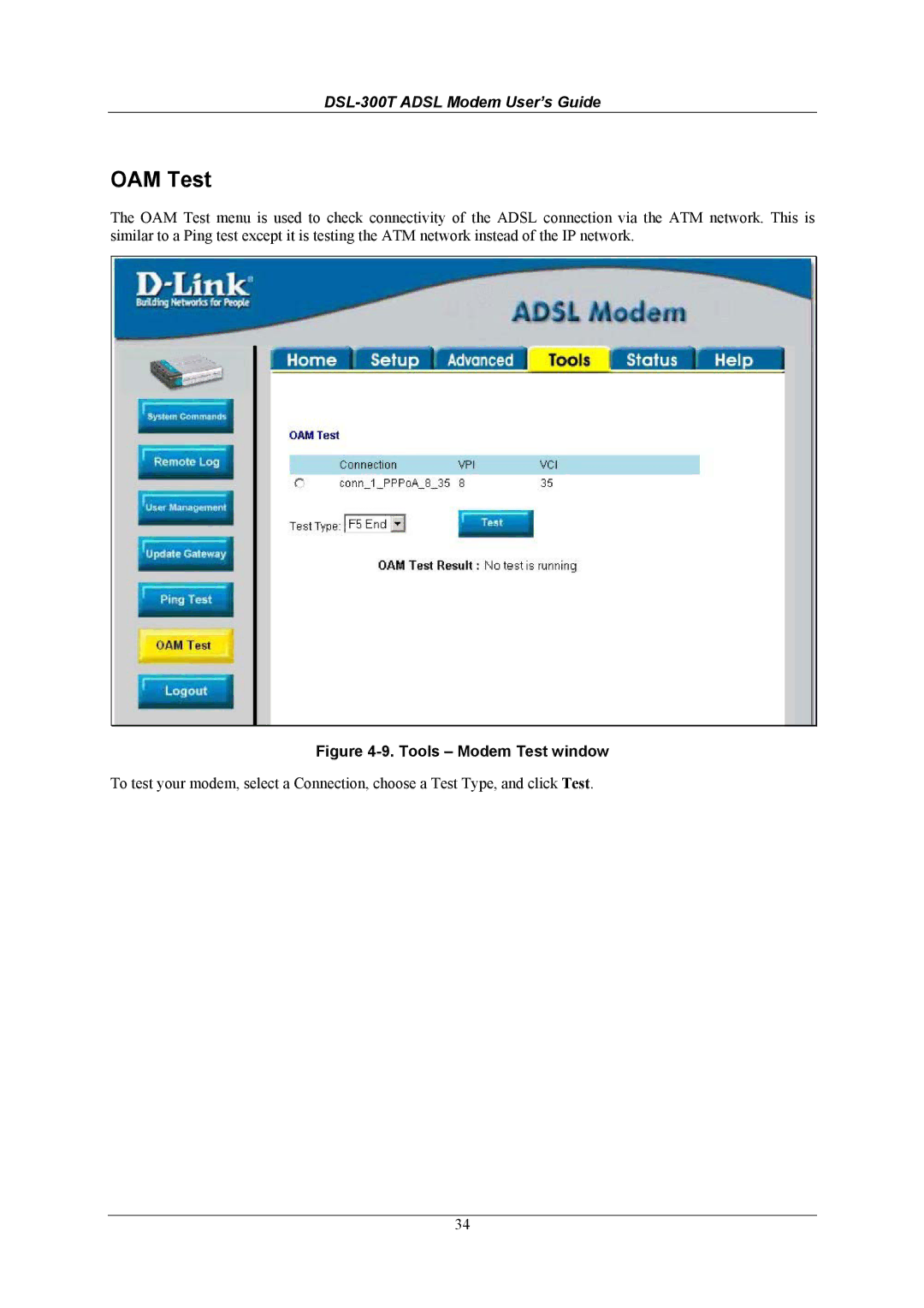 D-Link DSL-300T user manual OAM Test, Tools Modem Test window 