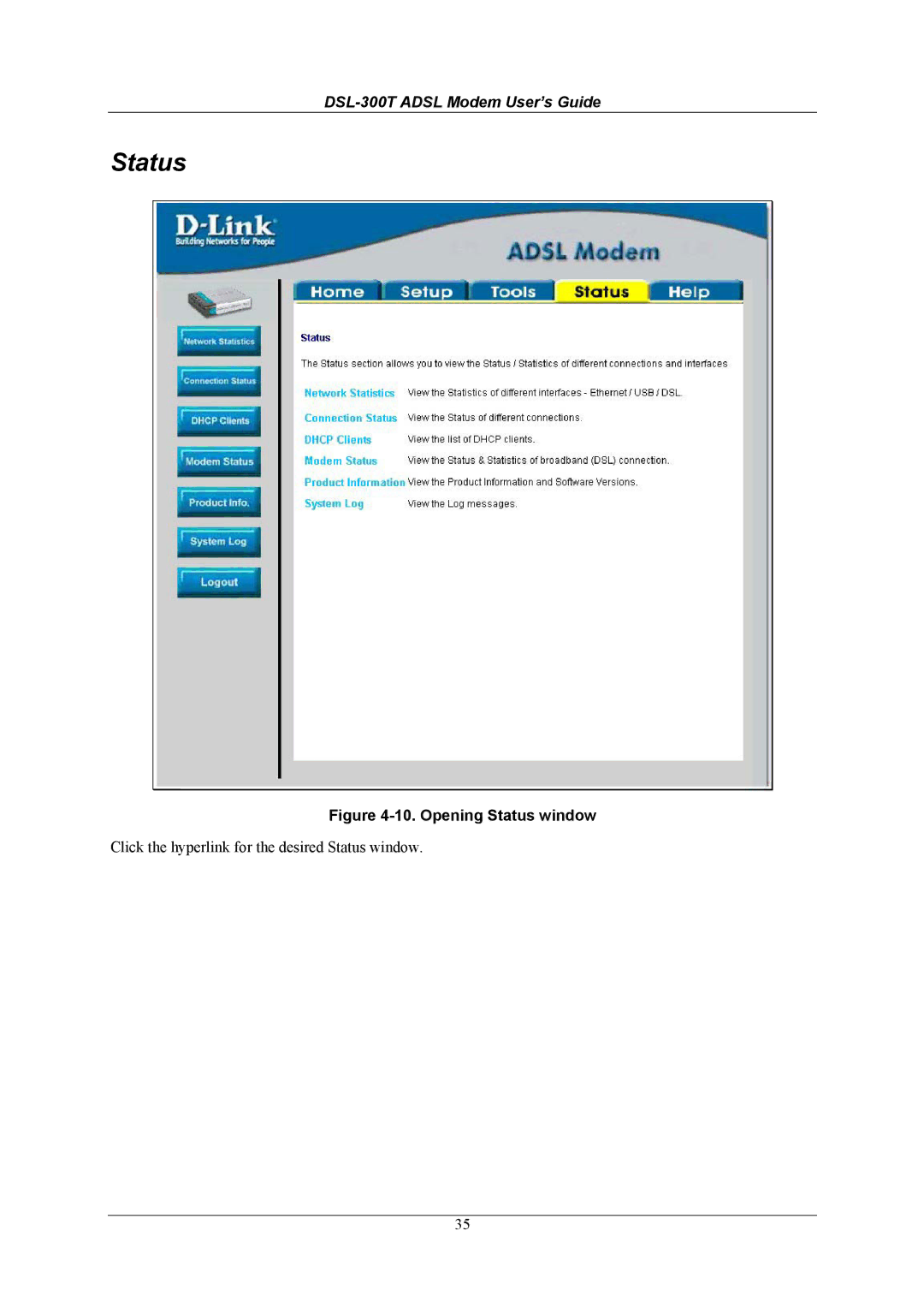 D-Link DSL-300T user manual Status 