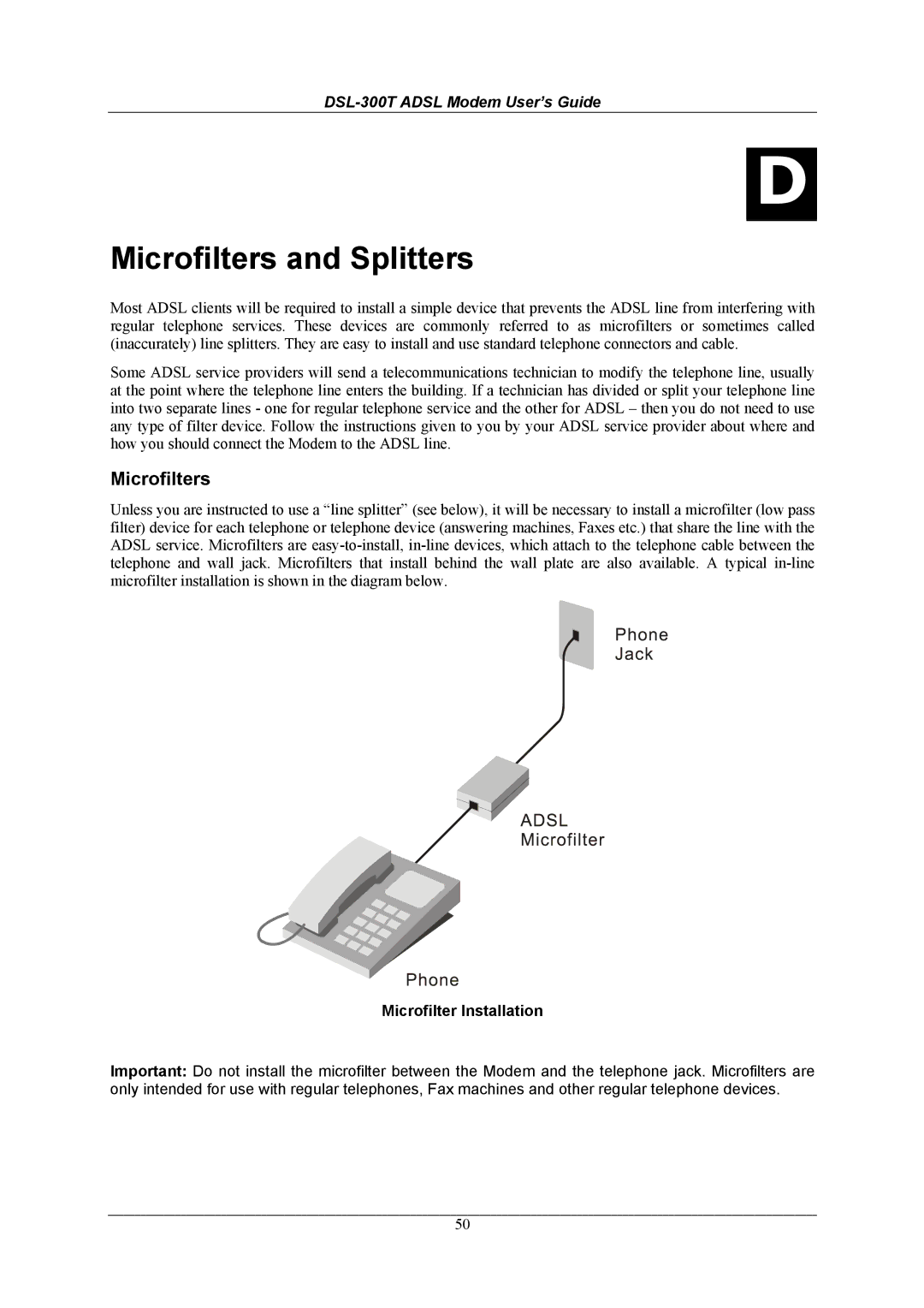 D-Link DSL-300T user manual Microfilters and Splitters, Microfilter Installation 