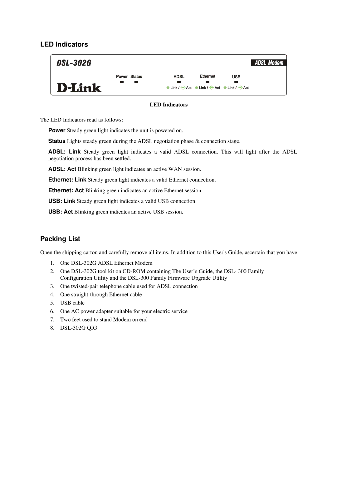 D-Link DSL-302G manual LED Indicators, Packing List 