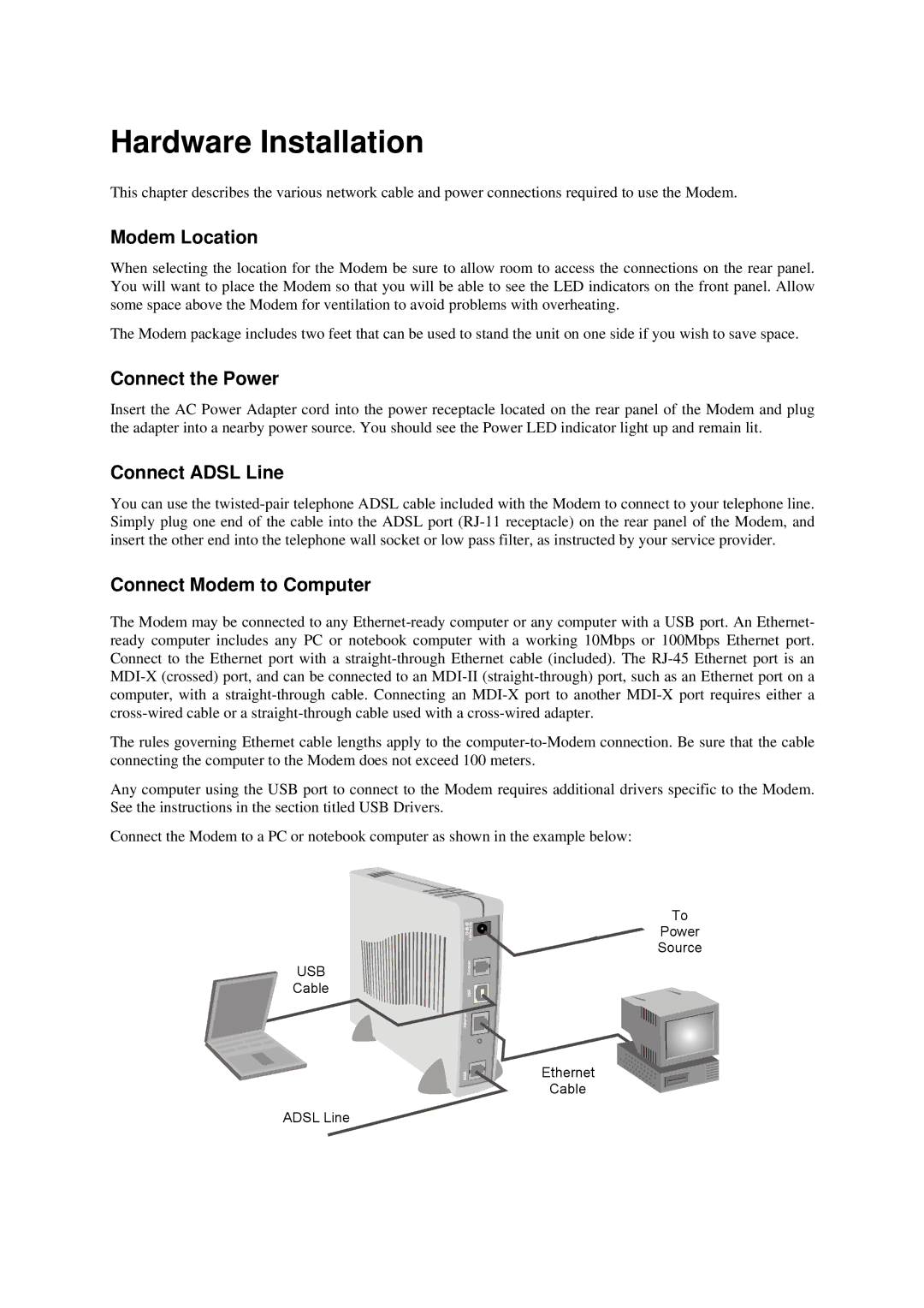 D-Link DSL-302G Hardware Installation, Modem Location, Connect the Power, Connect Adsl Line, Connect Modem to Computer 