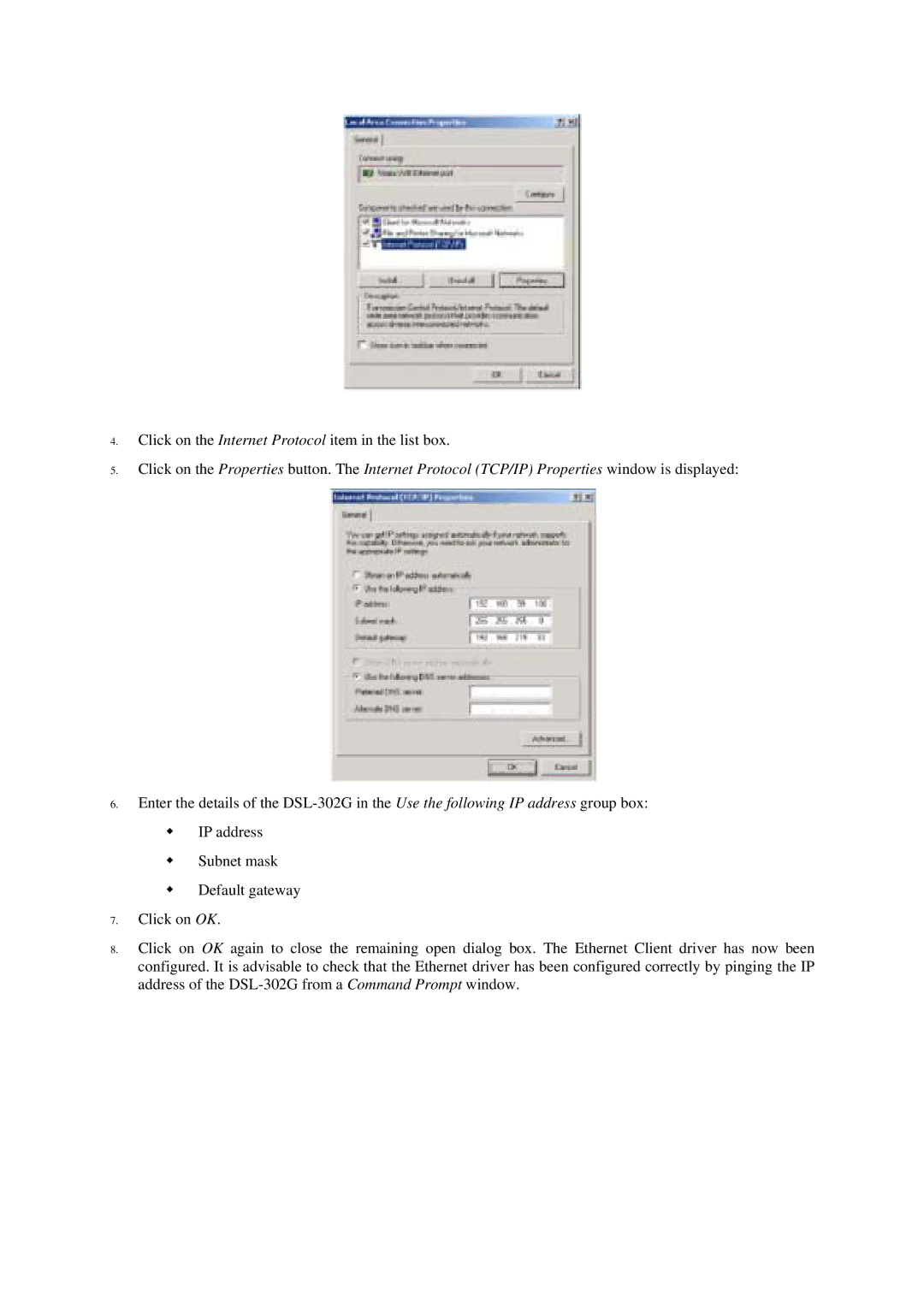 D-Link DSL-302G manual Click on the Internet Protocol item in the list box 