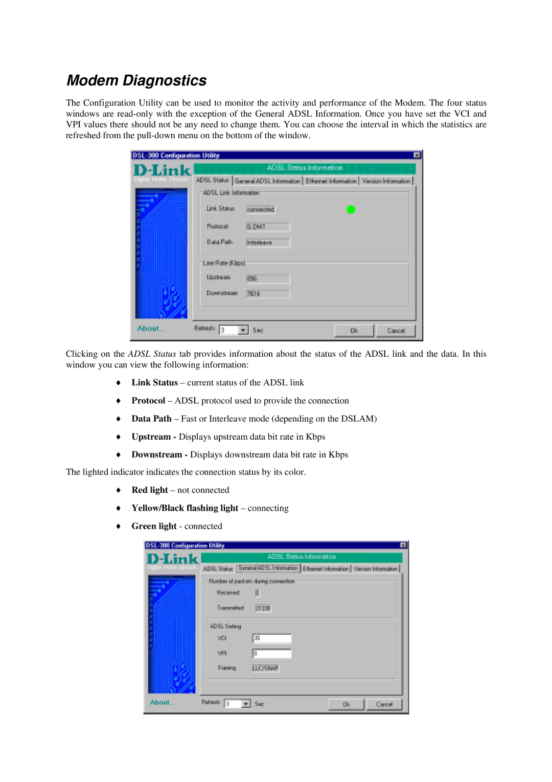 D-Link DSL-302G manual Modem Diagnostics 