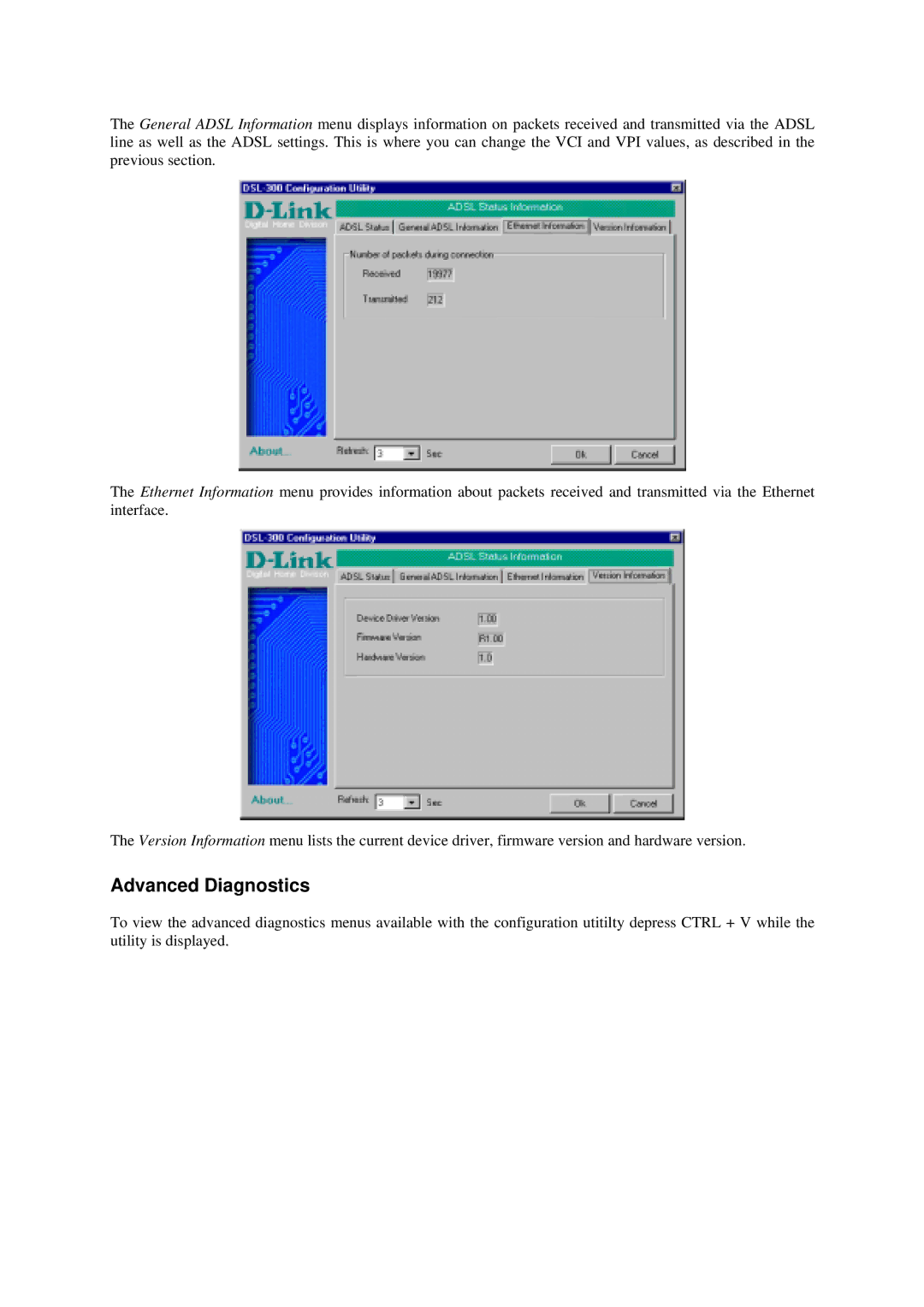 D-Link DSL-302G manual Advanced Diagnostics 