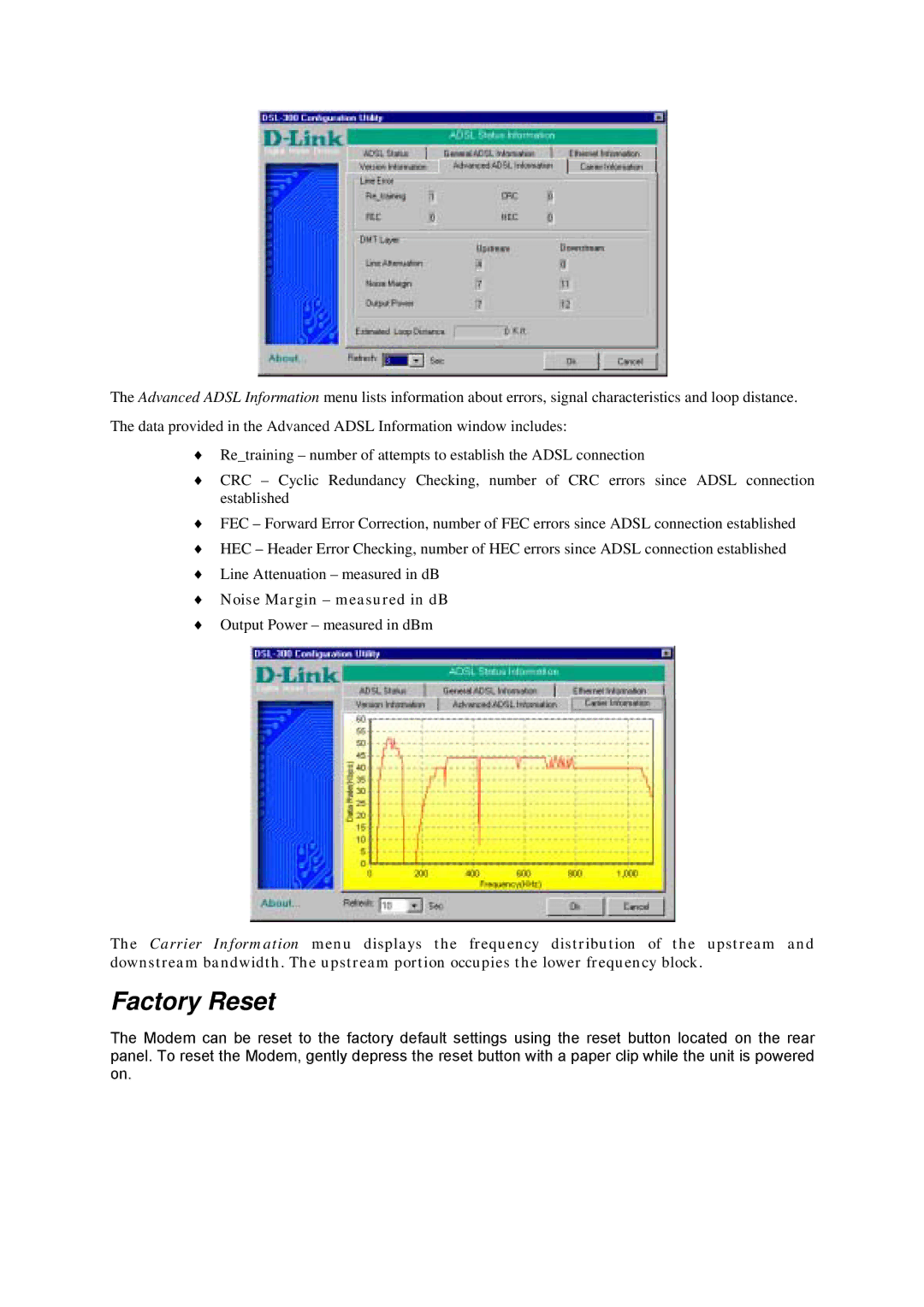 D-Link DSL-302G manual Factory Reset, Output Power measured in dBm 