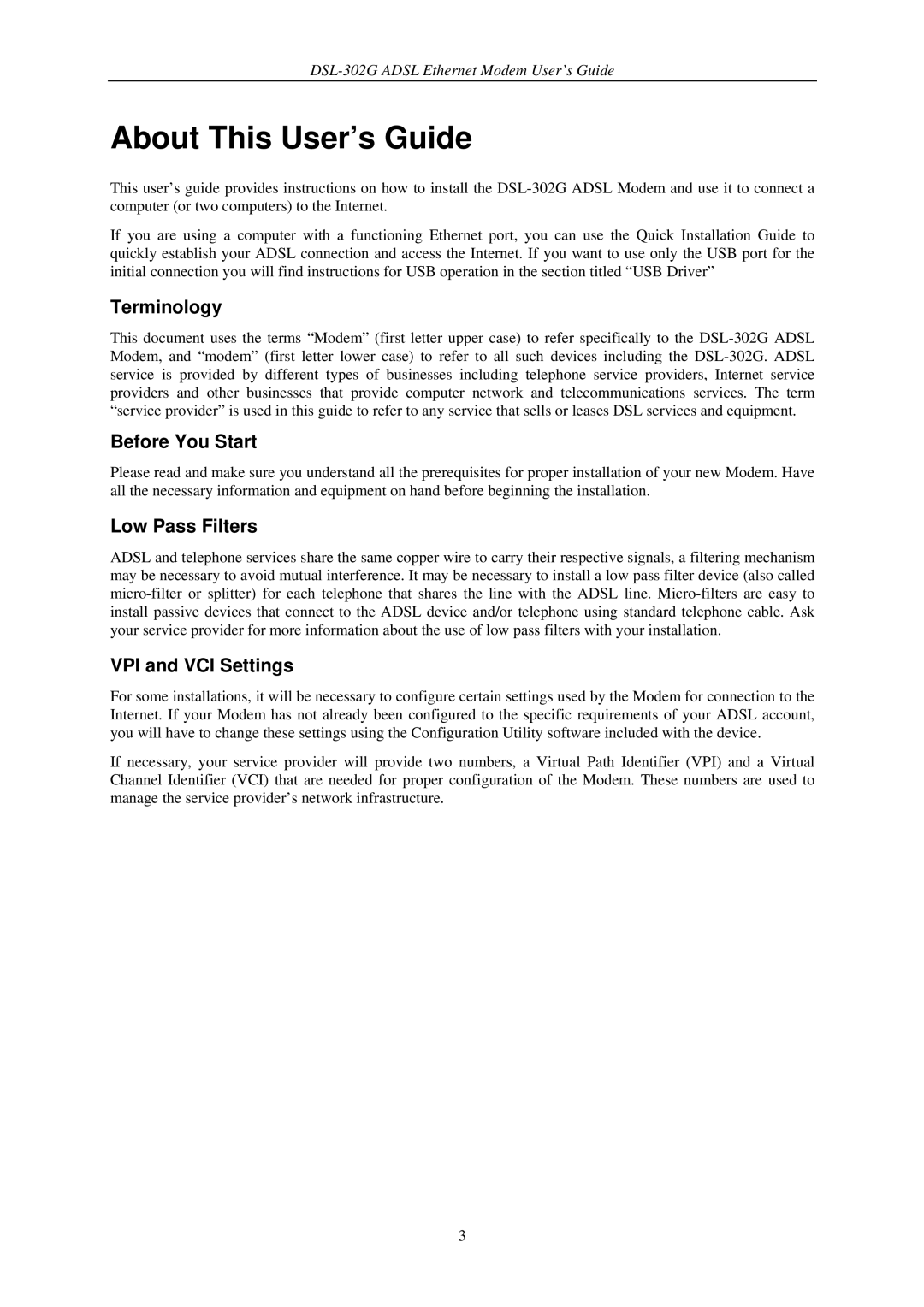 D-Link DSL-302G manual About This User’s Guide, Terminology, Before You Start, Low Pass Filters, VPI and VCI Settings 