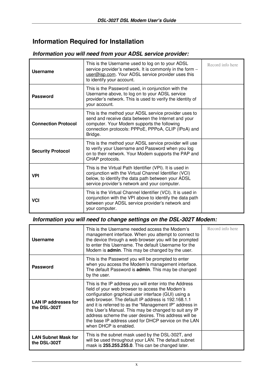 D-Link DSL-302T user manual Information Required for Installation 