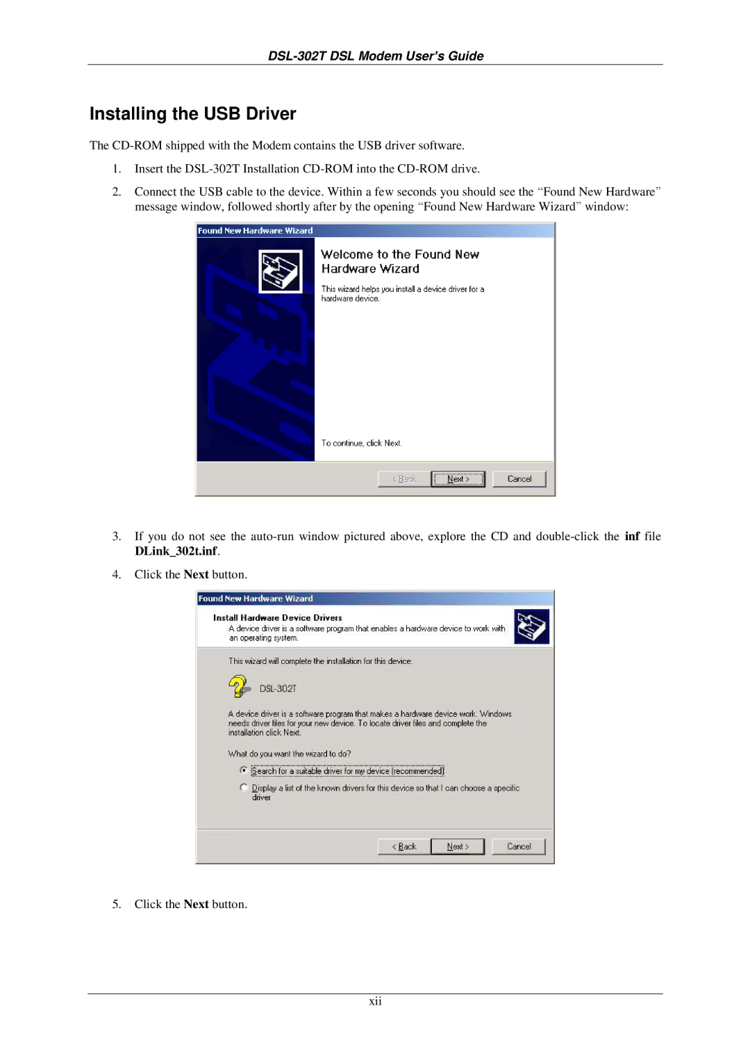 D-Link DSL-302T user manual Installing the USB Driver 