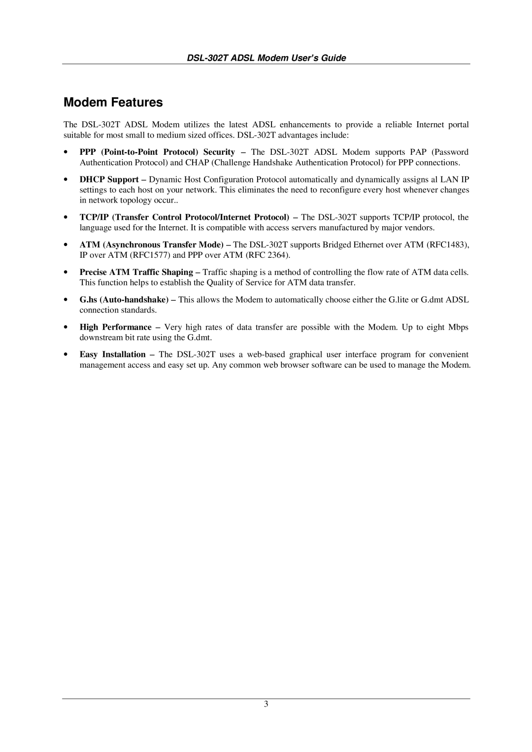 D-Link DSL-302T user manual Modem Features 