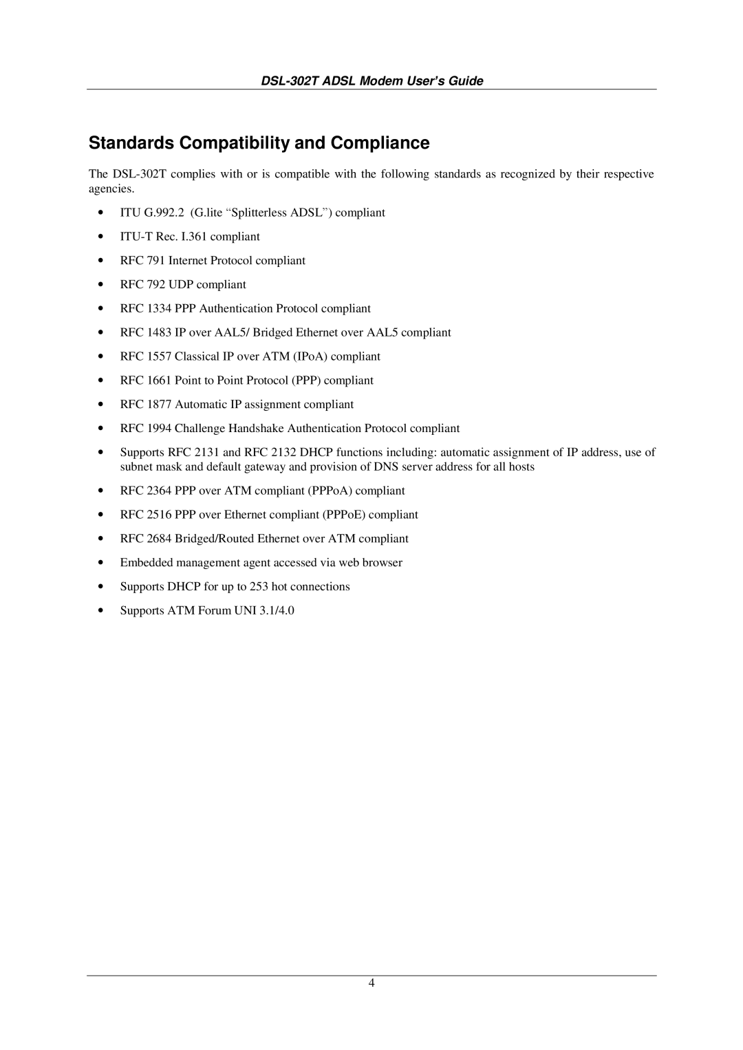 D-Link DSL-302T user manual Standards Compatibility and Compliance 