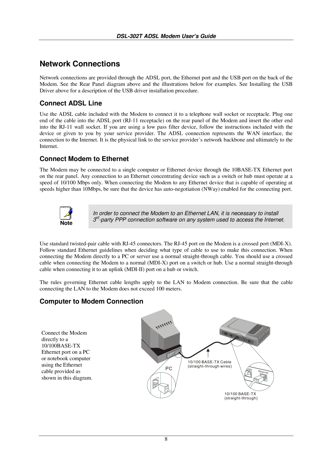 D-Link DSL-302T user manual Network Connections, Connect Adsl Line, Connect Modem to Ethernet, Computer to Modem Connection 