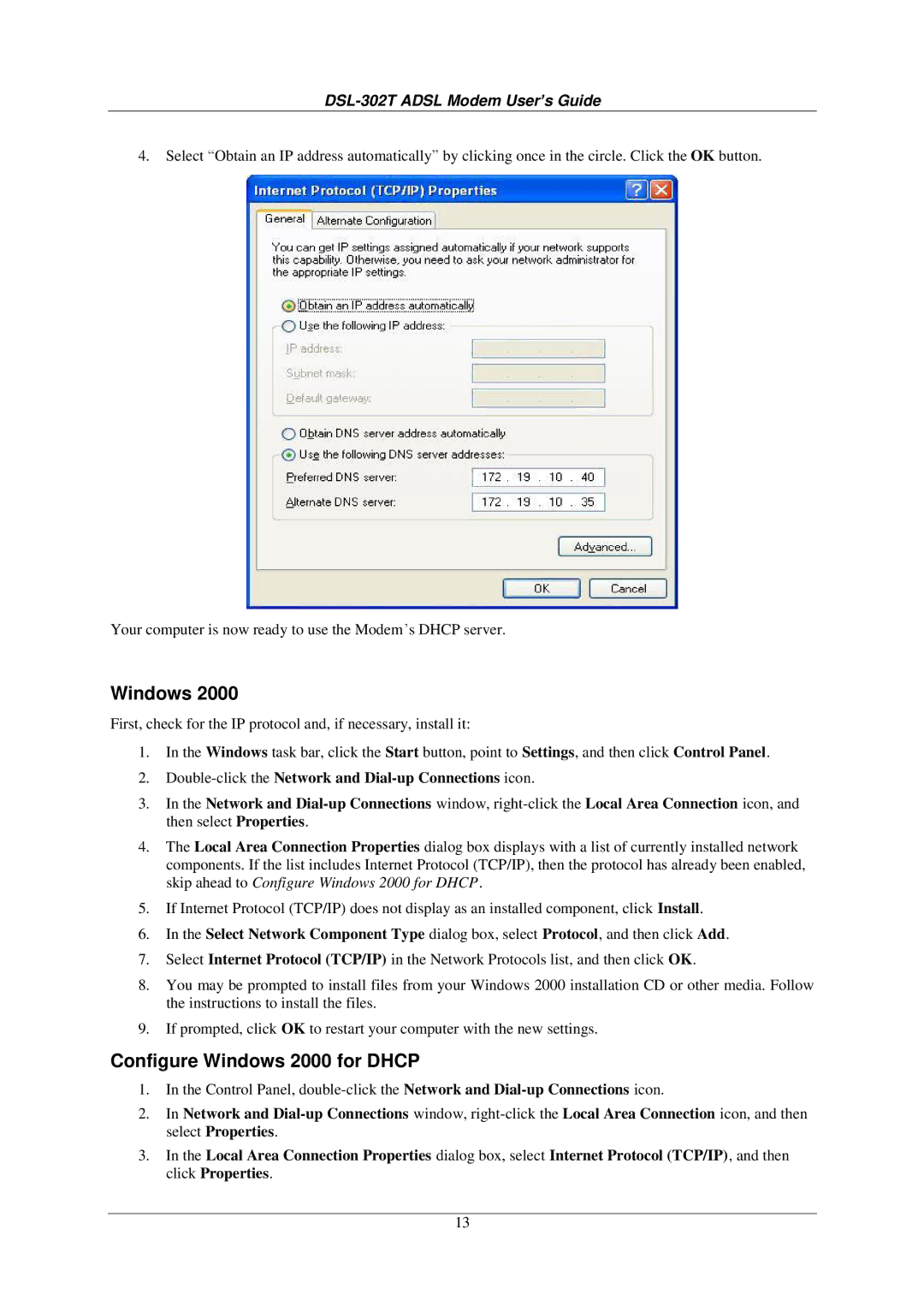 D-Link DSL-302T user manual Configure Windows 2000 for Dhcp 