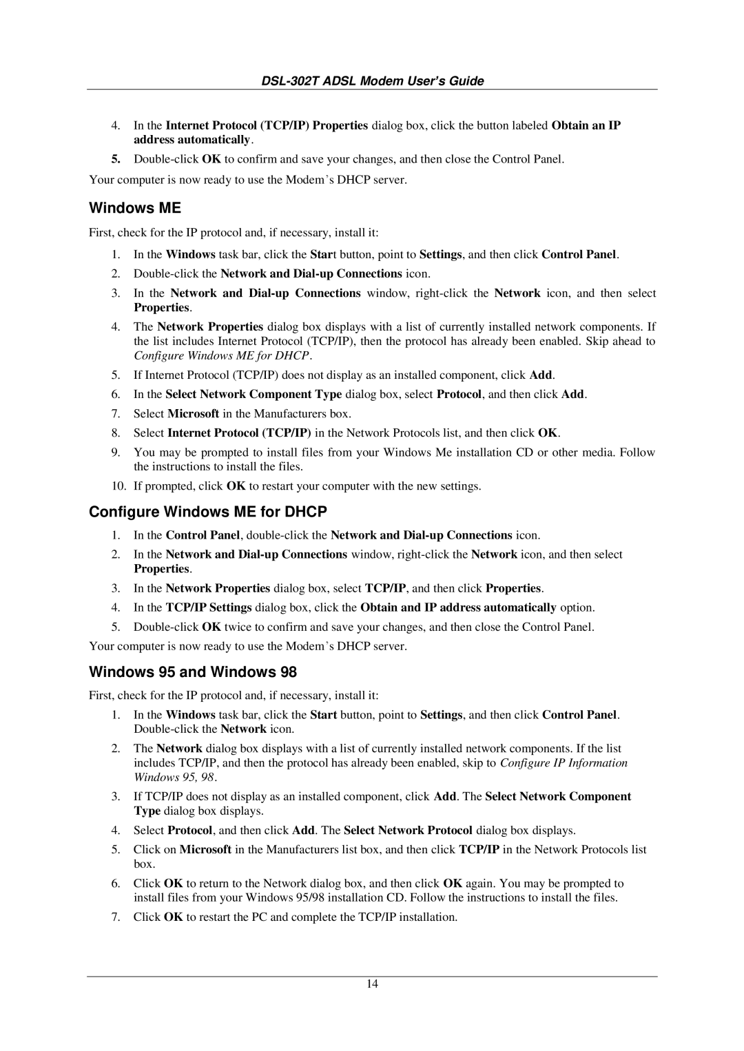 D-Link DSL-302T user manual Configure Windows ME for Dhcp, Windows 95 and Windows 