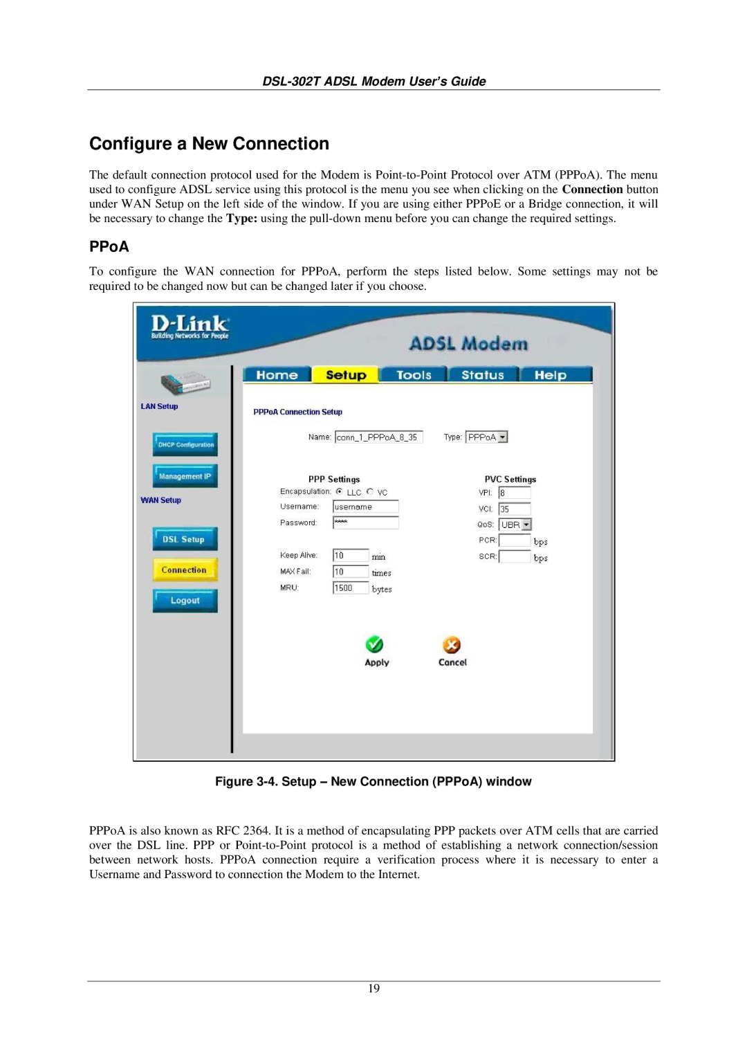 D-Link DSL-302T user manual Configure a New Connection, PPoA 