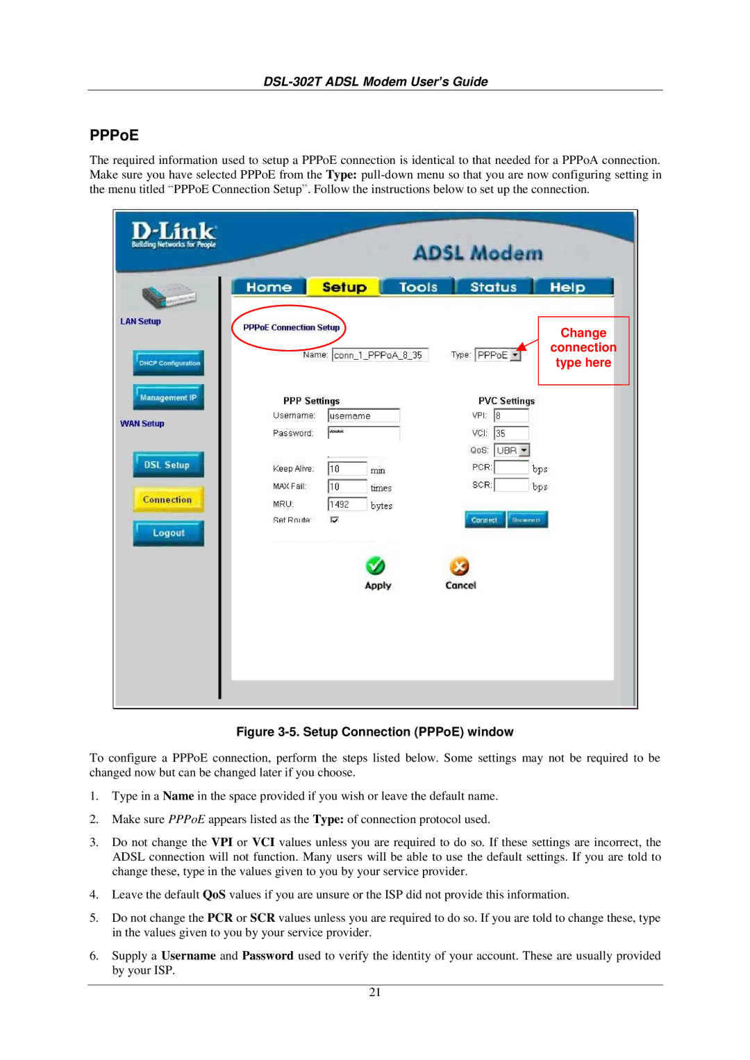 D-Link DSL-302T user manual Setup Connection PPPoE window 