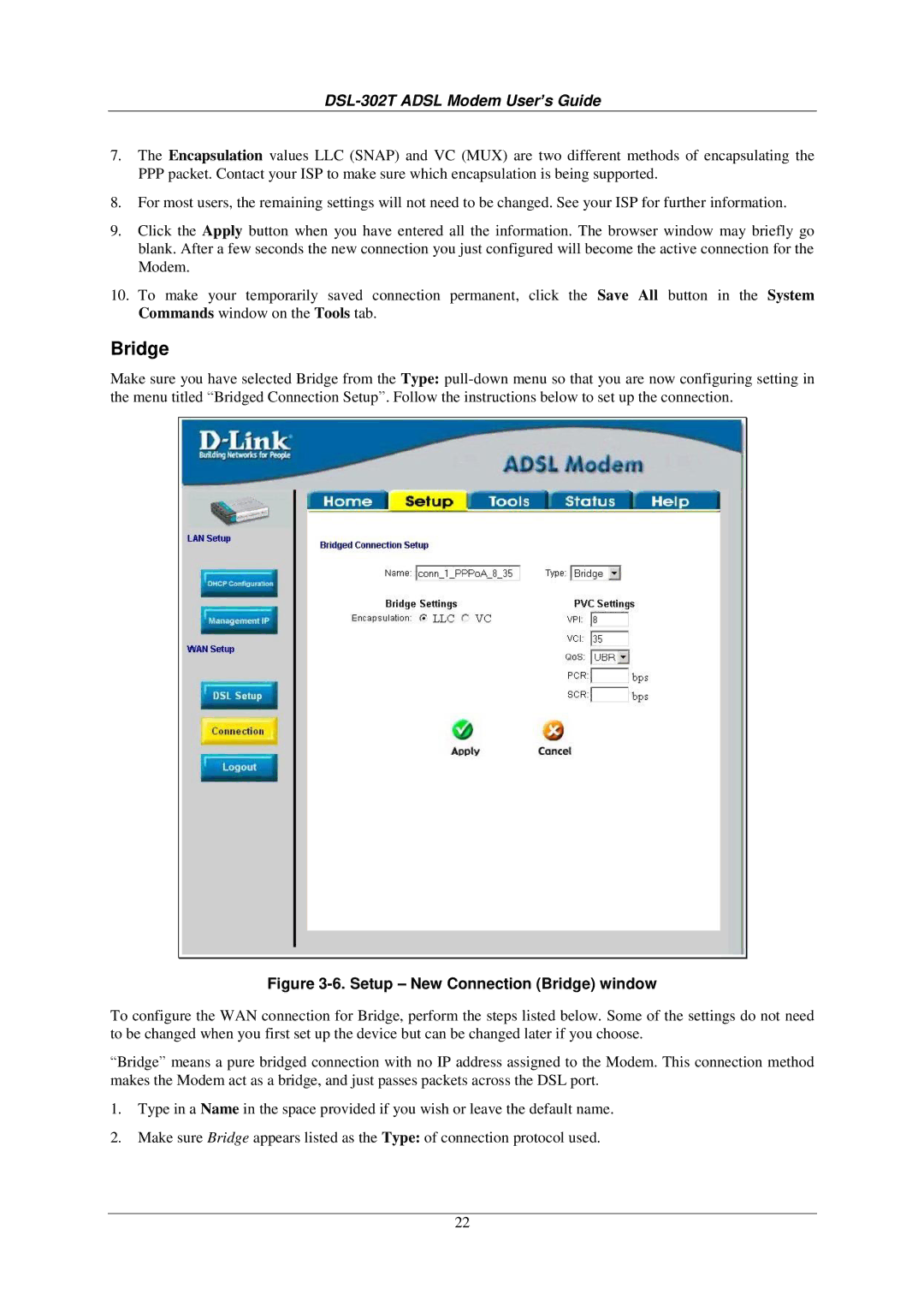 D-Link DSL-302T user manual Setup New Connection Bridge window 