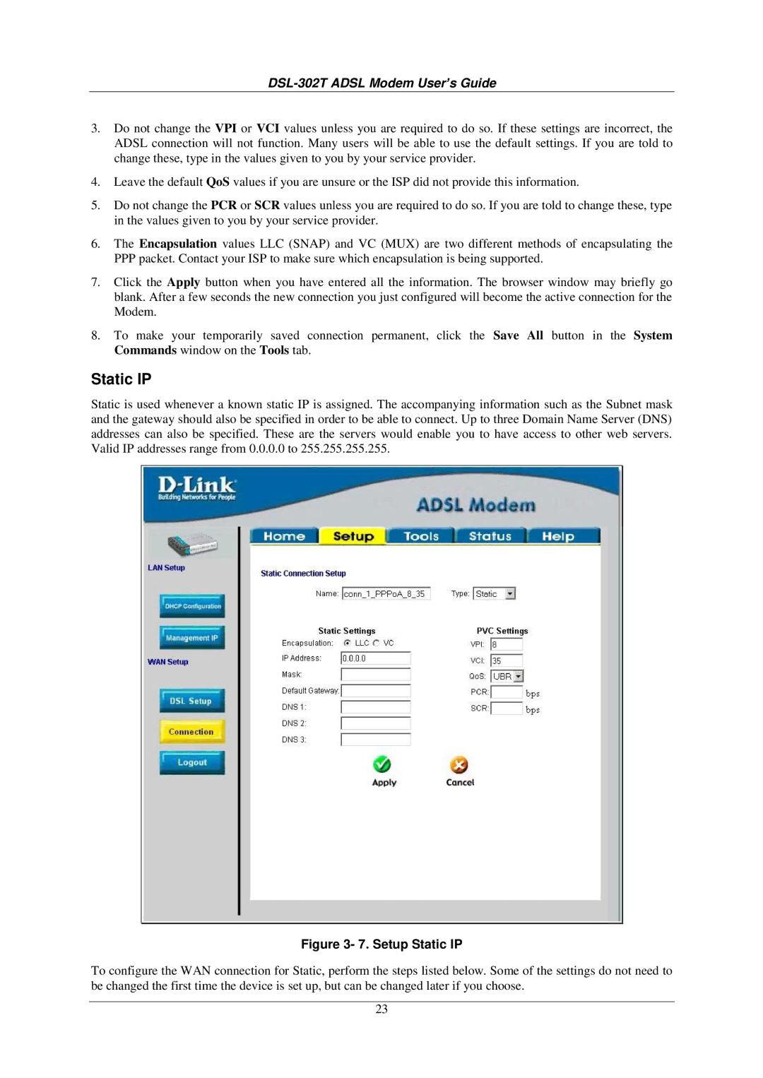 D-Link DSL-302T user manual Setup Static IP 