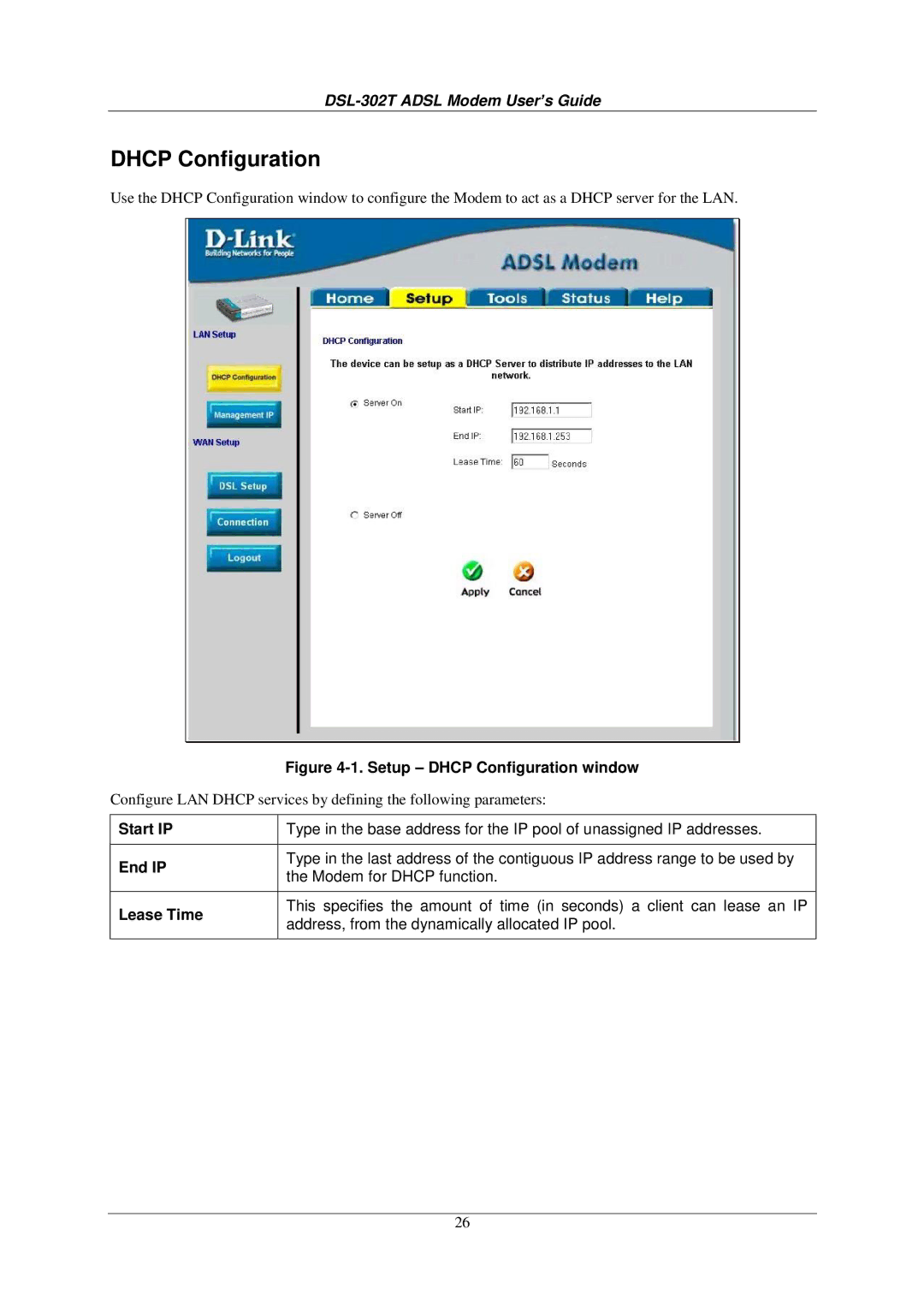 D-Link DSL-302T user manual Setup Dhcp Configuration window 