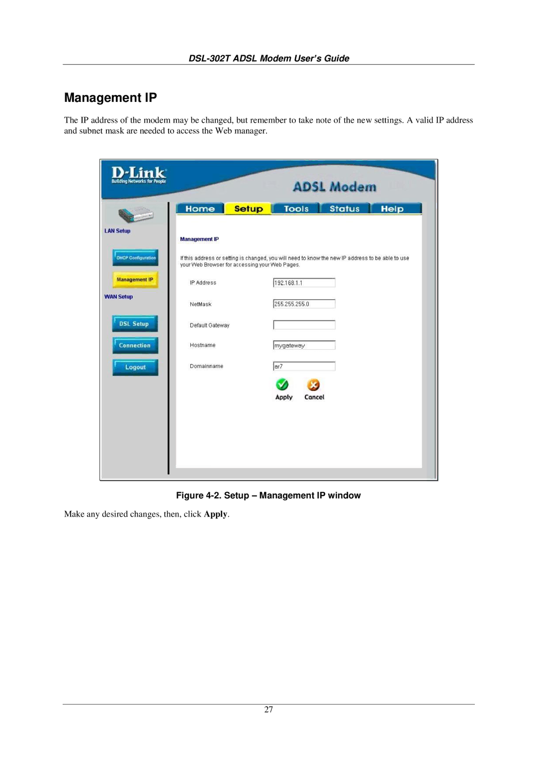 D-Link DSL-302T user manual Setup Management IP window 